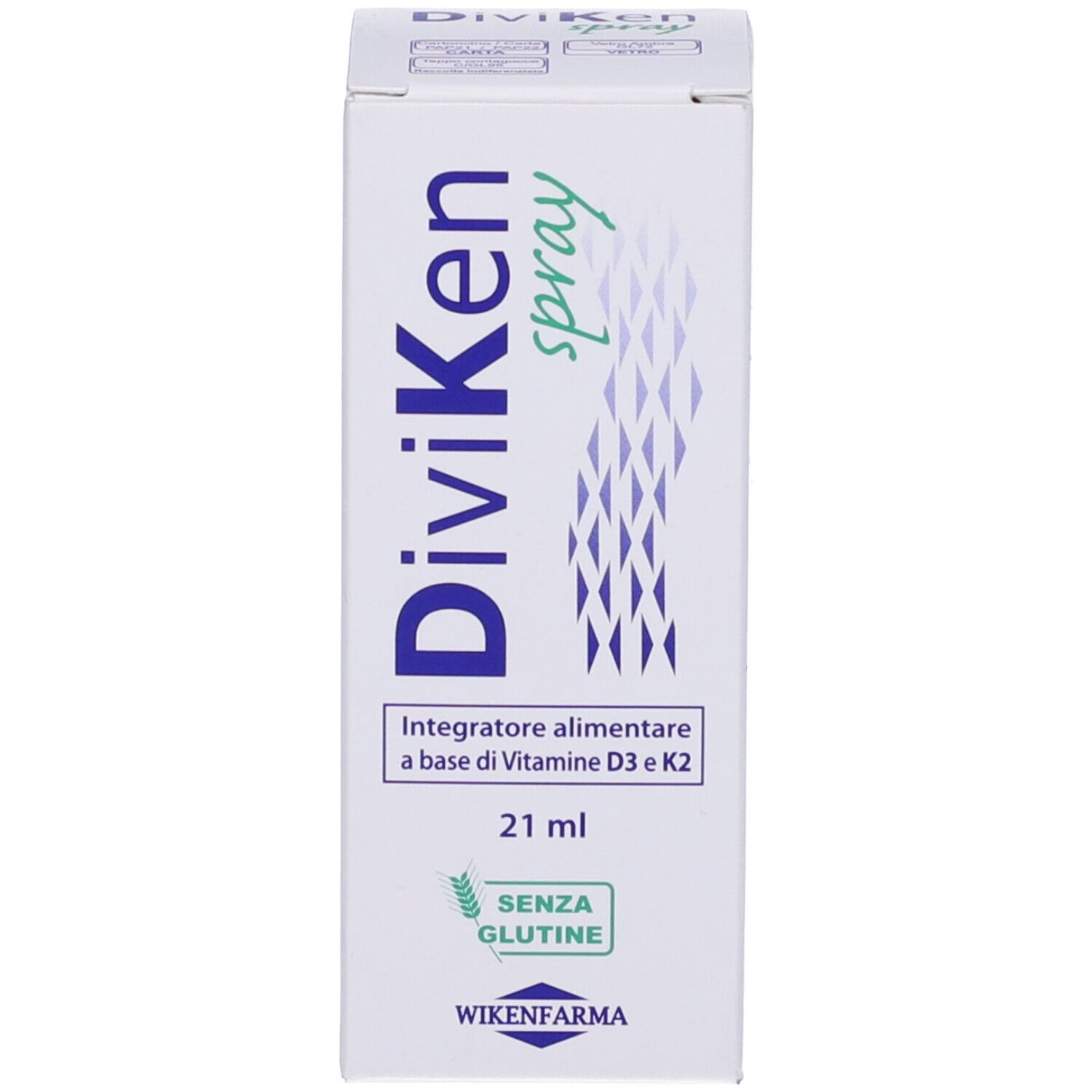 Scatola con scritta: DiviKen spray, 21 ml, senza glutine, integratore con Vit. D3 & K2. Logo produttore.