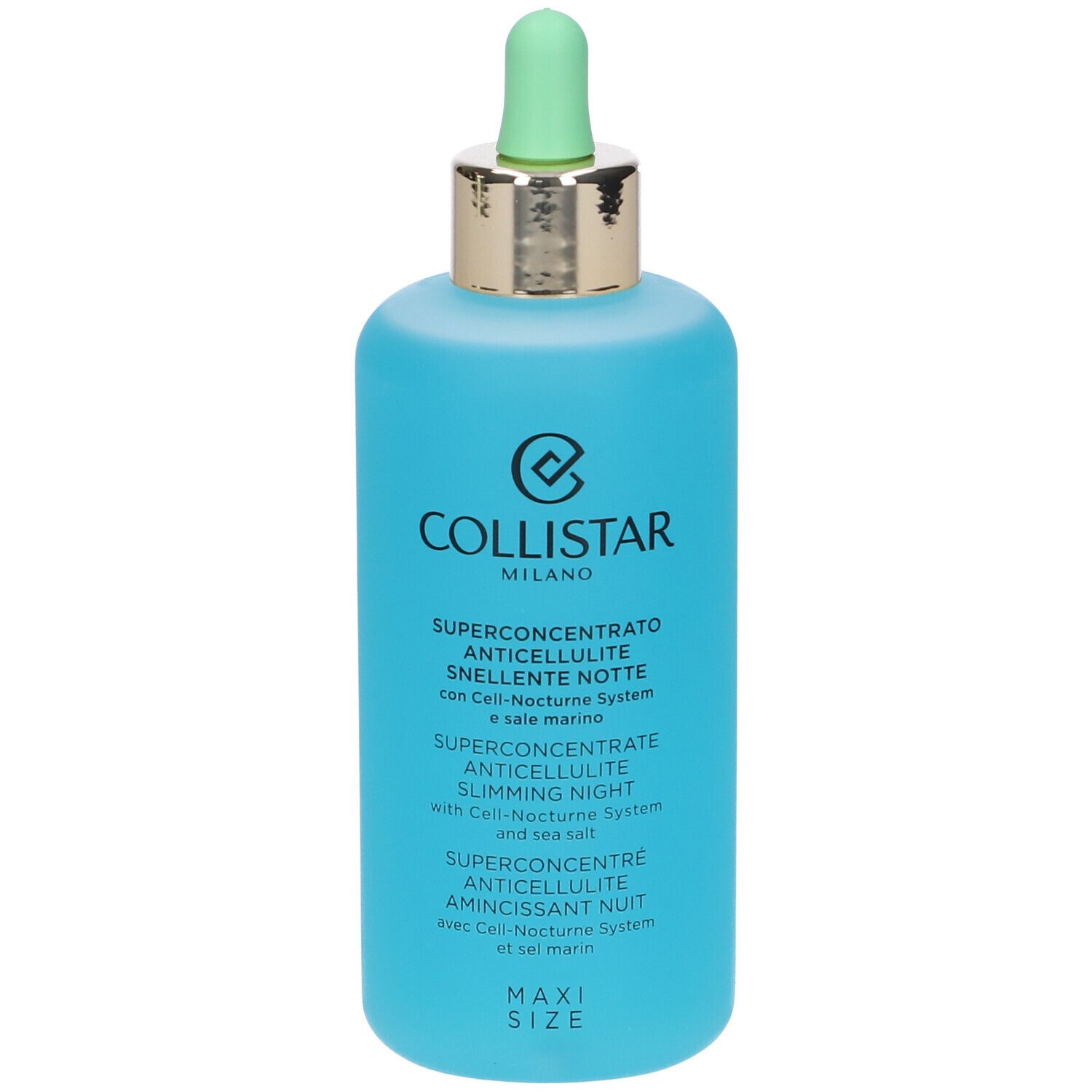 Flacone blu turchese con contagocce verde. Testo: Collistar Milano, Superconcentrato Anticellulite Snellente Notte.