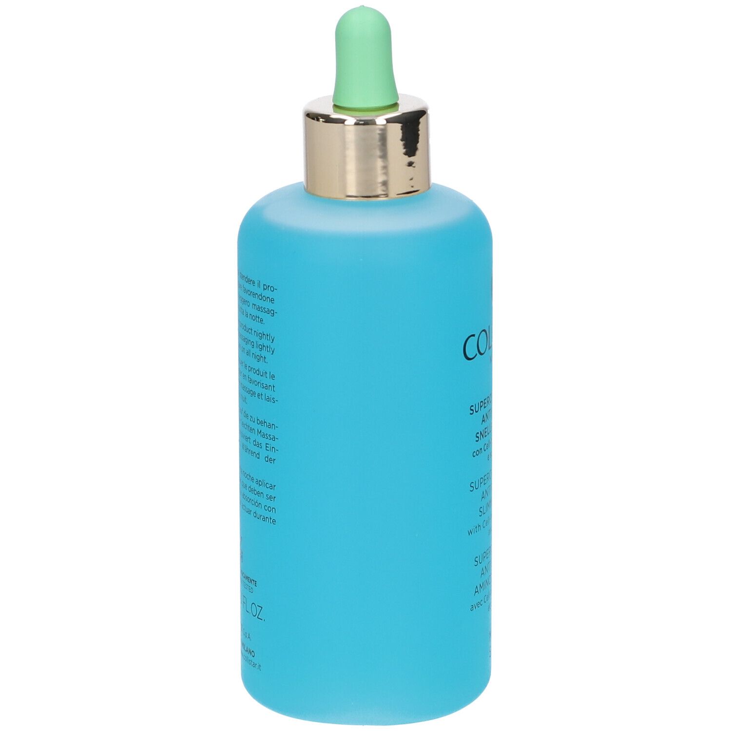 Flacone blu turchese con contagocce verde. Testo sul retro. Collistar Milano, Superconcentrato Anticellulite Snellente Notte.