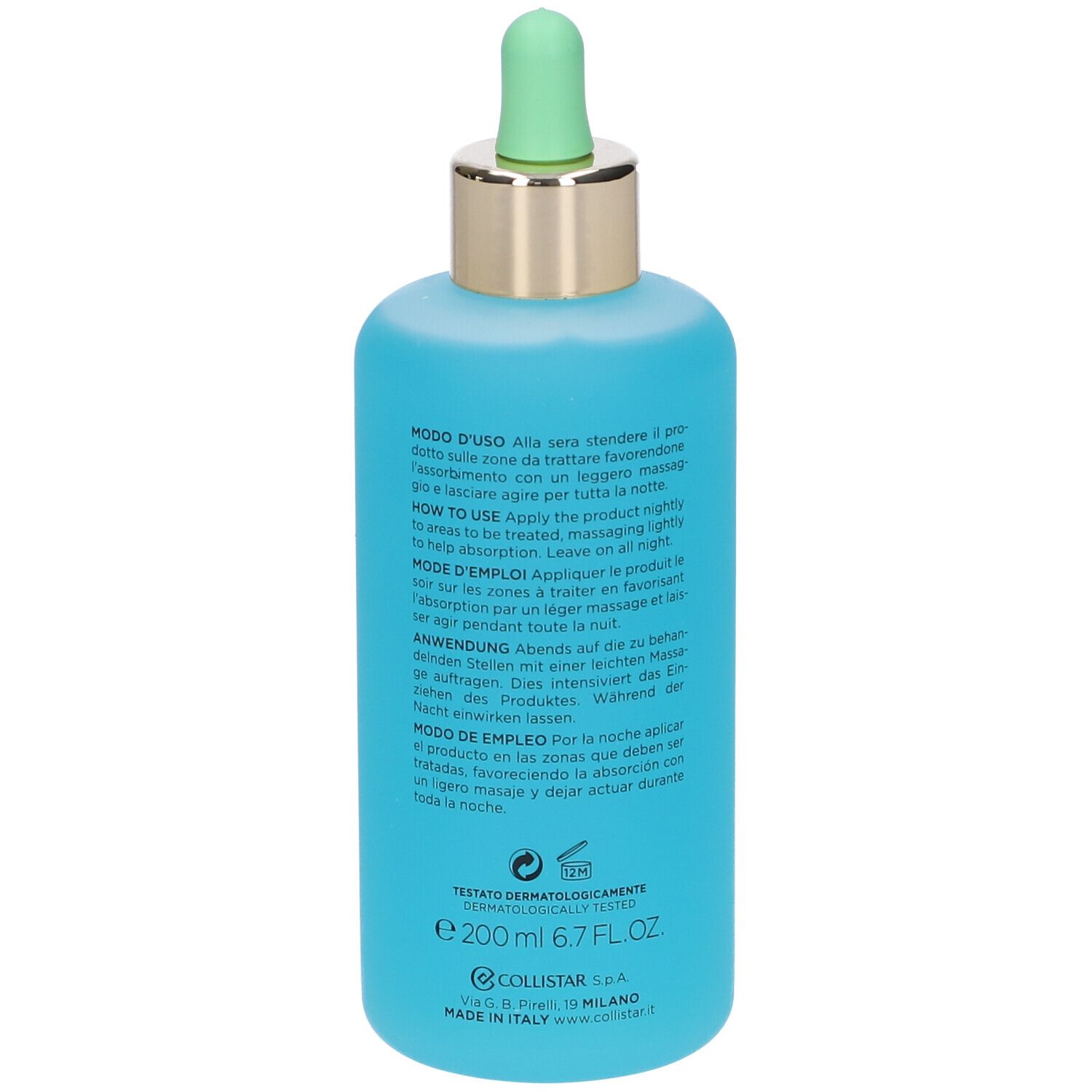 Flacone blu turchese con contagocce verde. Testo sul retro. Collistar Milano, Superconcentrato Anticellulite Snellente Notte.