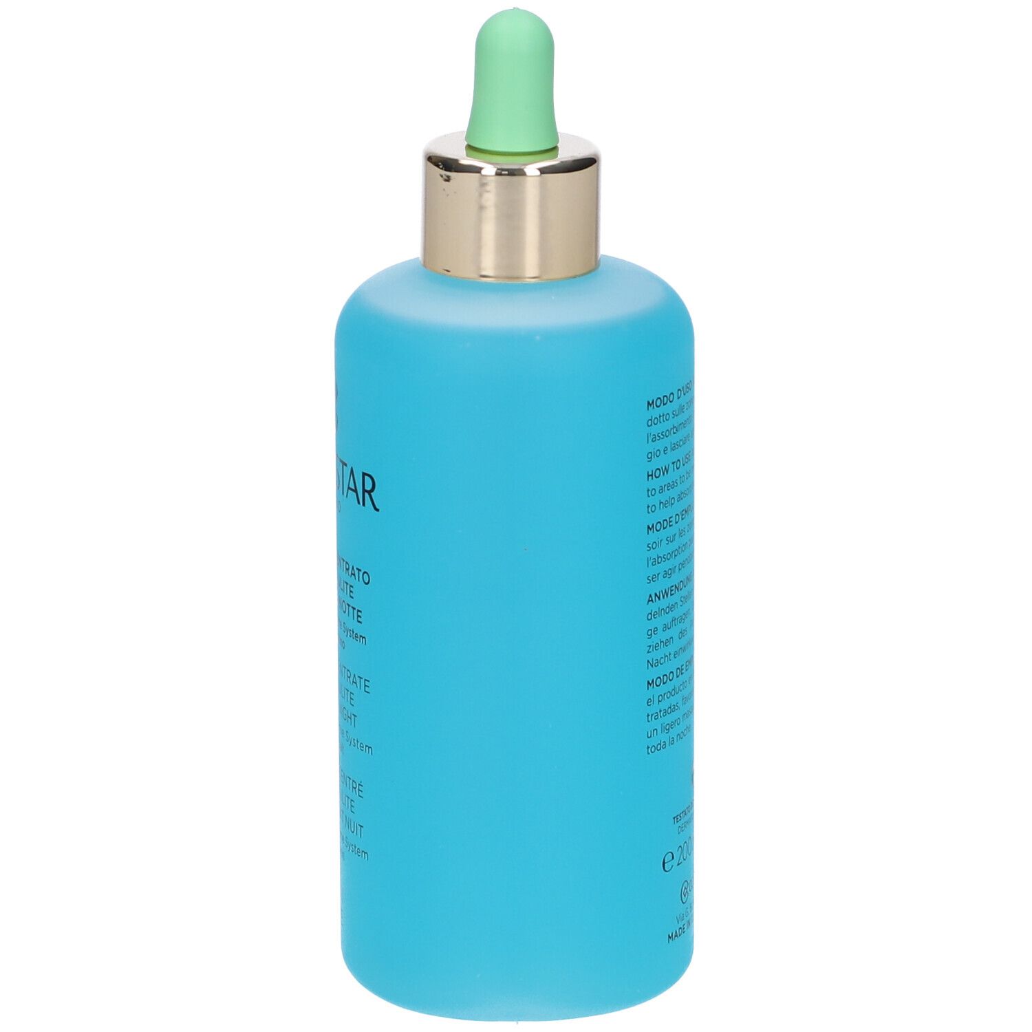 Flacone blu turchese con contagocce verde. Testo sul retro. Collistar Milano, Superconcentrato Anticellulite Snellente Notte.