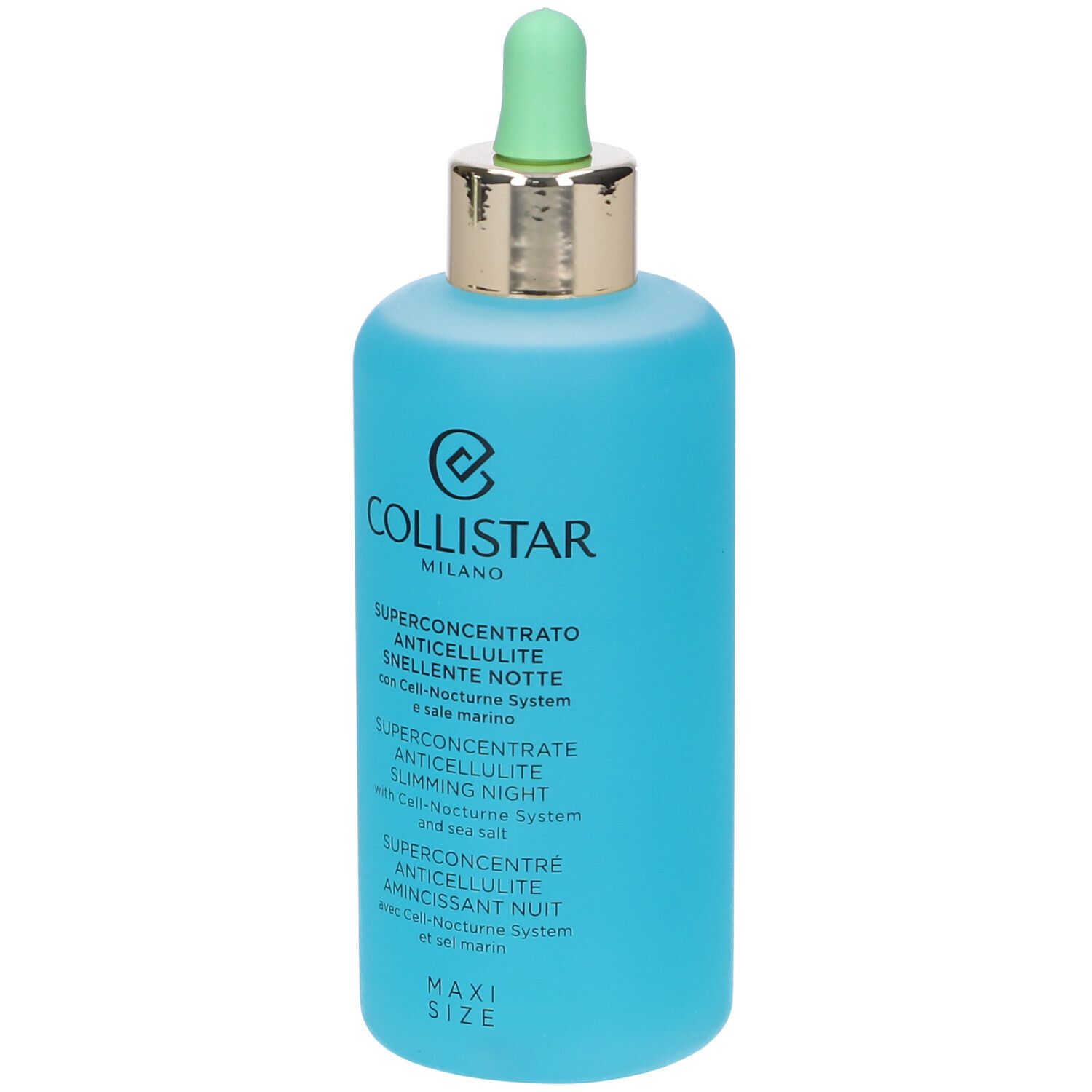 Flacone blu turchese con contagocce verde. Testo: Collistar Milano, Superconcentrato Anticellulite Snellente Notte.