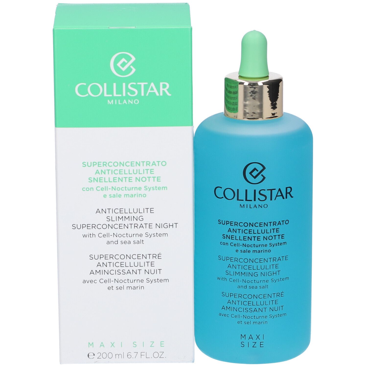 Flacone e confezione del prodotto. Testo: Collistar Milano, Superconcentrato Anticellulite Snellente Notte.