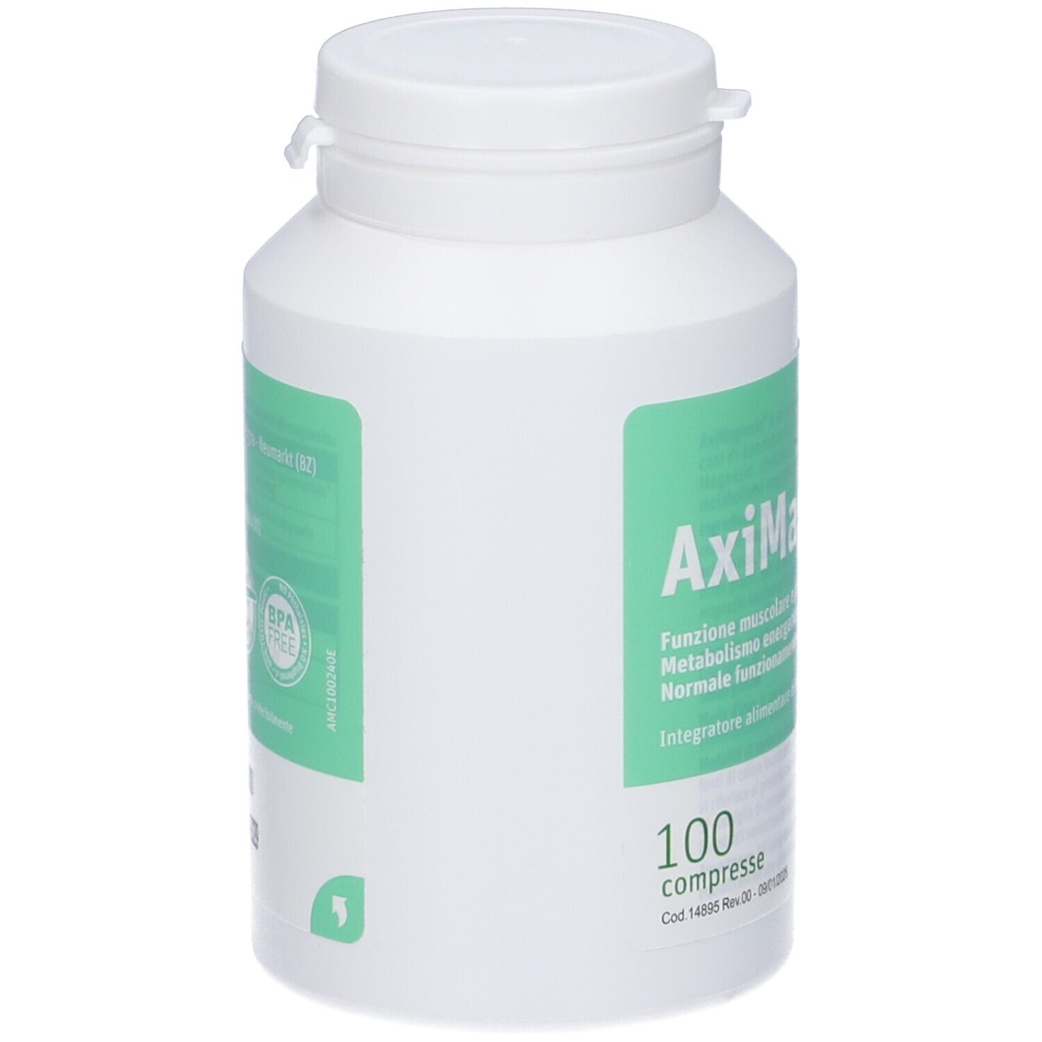 Weiße Dose mit AxiMagnesio®-Etikett, Rückseite mit Siegeln und Informationen. 100 Tabletten.
