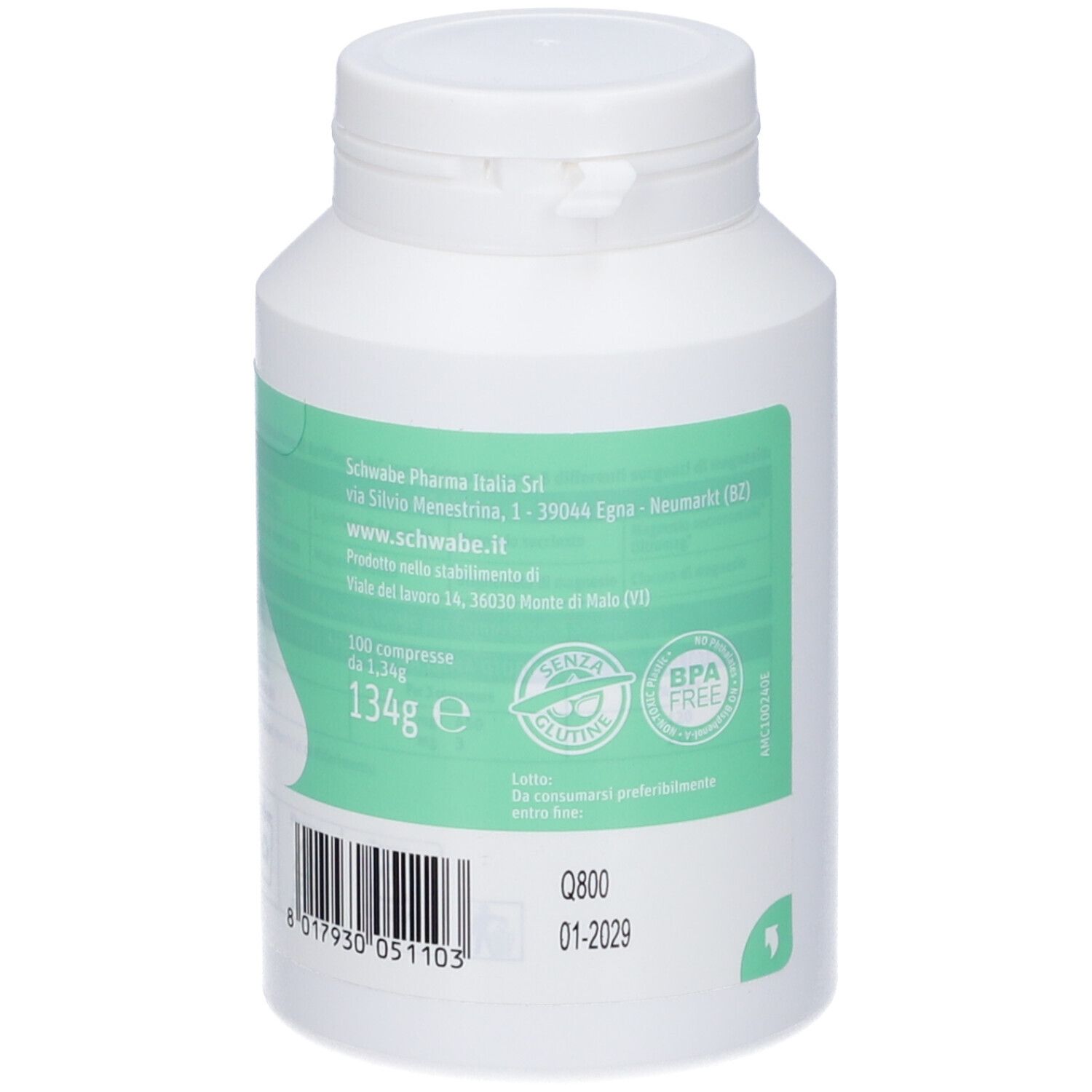 Rückseite einer weißen Dose mit AxiMagnesio®-Etikett. Enthält Herstellerinformationen und Barcode. 100 Tabletten.