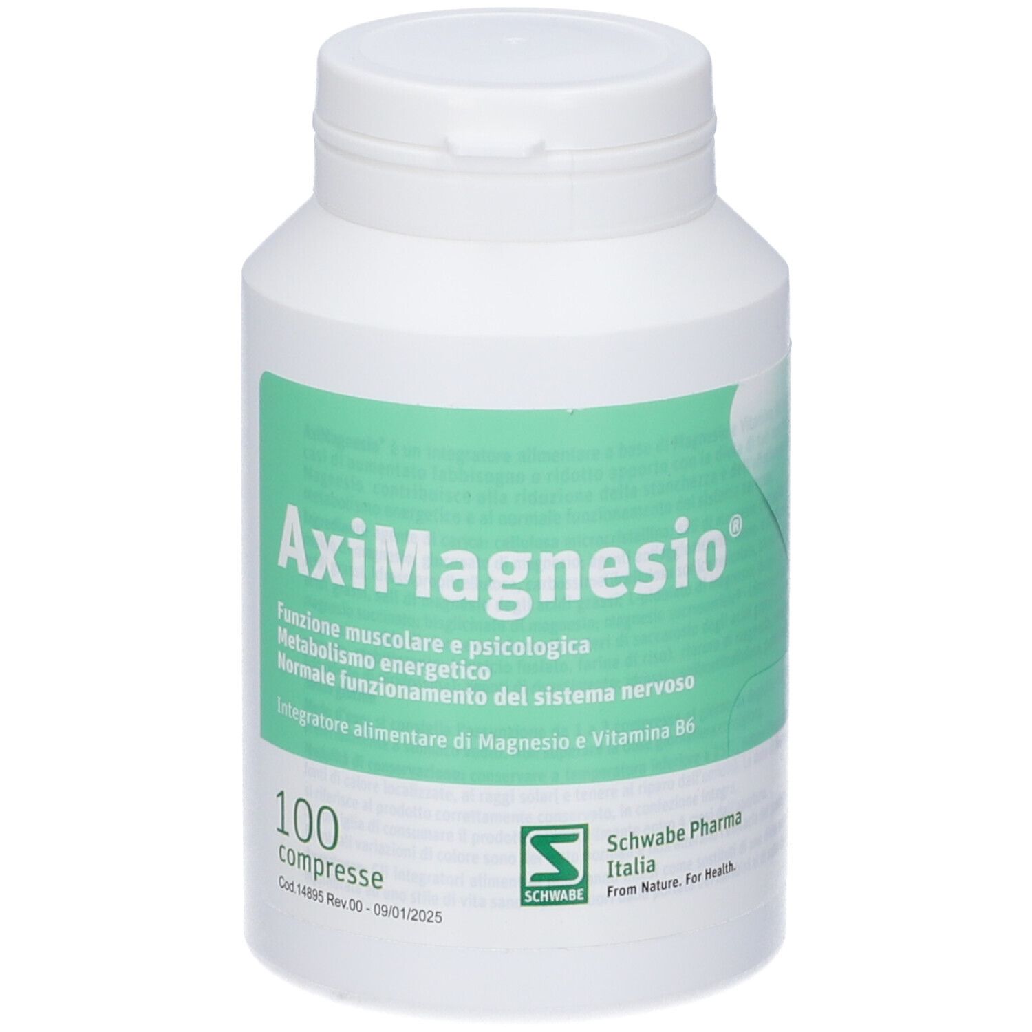 Weiße Dose mit AxiMagnesio®-Etikett, 100 Tabletten. Enthält Magnesium und Vitamin B6.