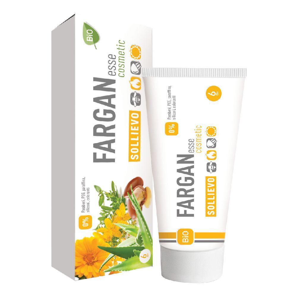 Tubo e scatola di crema. Scritta: Fargan esse cosmetic, Sollievo. Con illustrazioni di piante ed etichetta BIO.