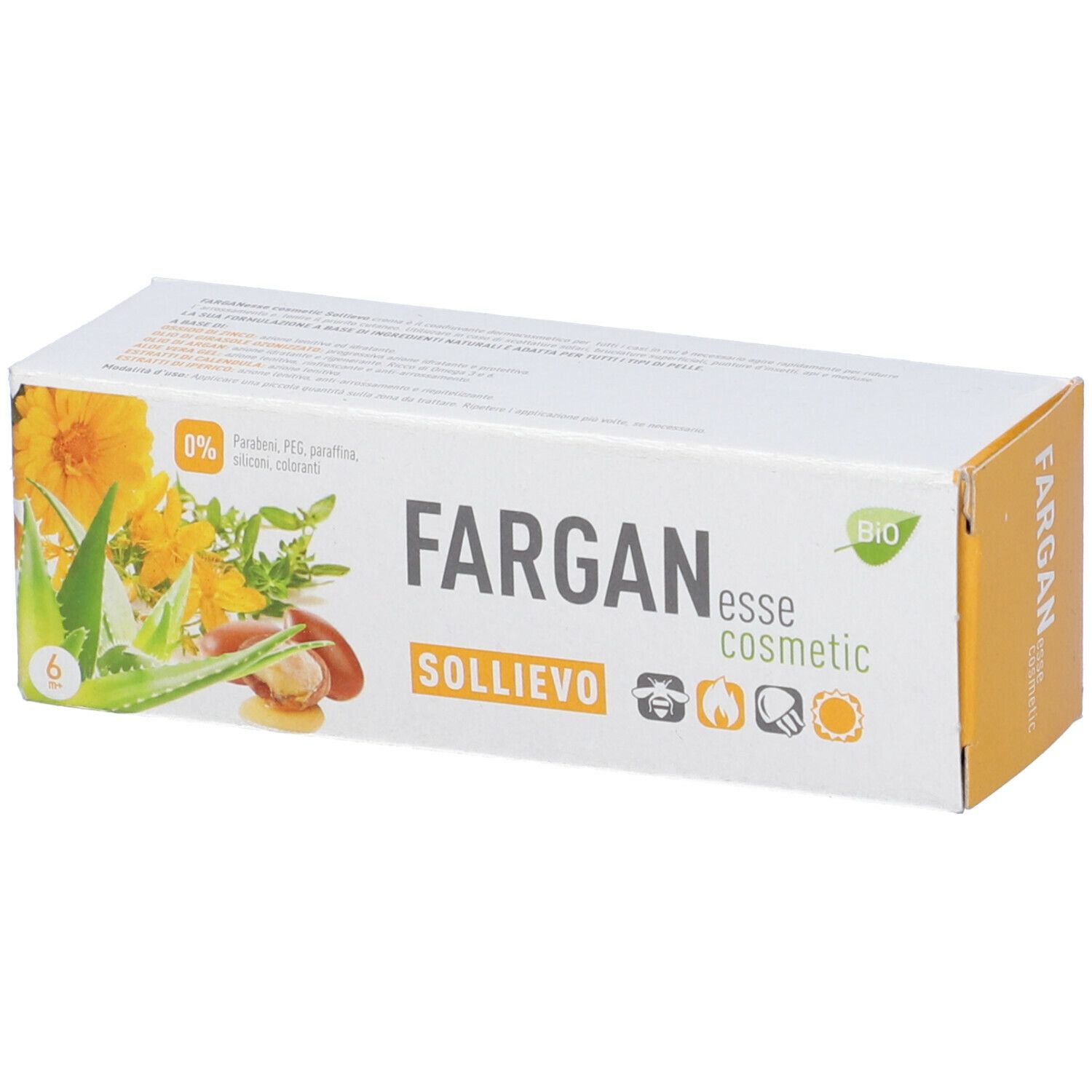 Scatola con scritta: Fargan esse cosmetic, Sollievo. Con illustrazioni di piante ed etichetta BIO. Contiene 6 pezzi.
