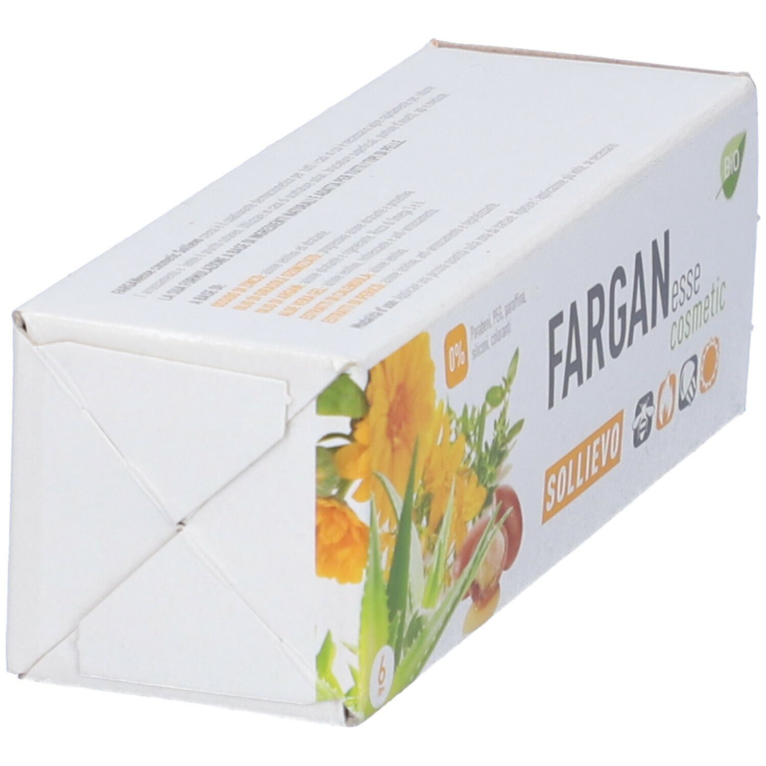 Scatola, vista obliqua dall'alto. Scritta: Fargan esse cosmetic, Sollievo. Con illustrazioni di piante ed etichetta BIO.