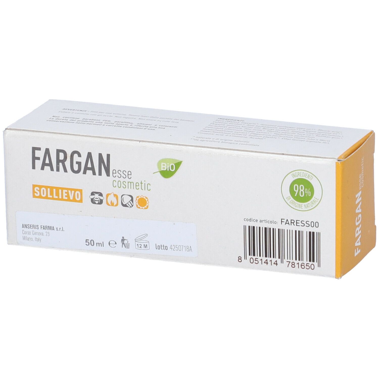 Scatola con scritta: Fargan esse cosmetic, Sollievo. Con etichetta BIO e certificazione 98% naturale. 50ml.