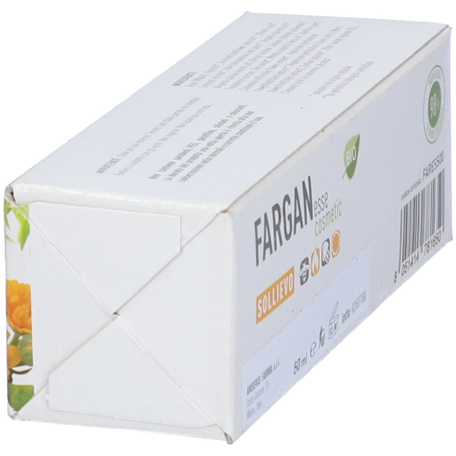Scatola, vista obliqua dall'alto. Scritta: Fargan esse cosmetic, Sollievo. Con etichetta BIO e indicazione 50ml.