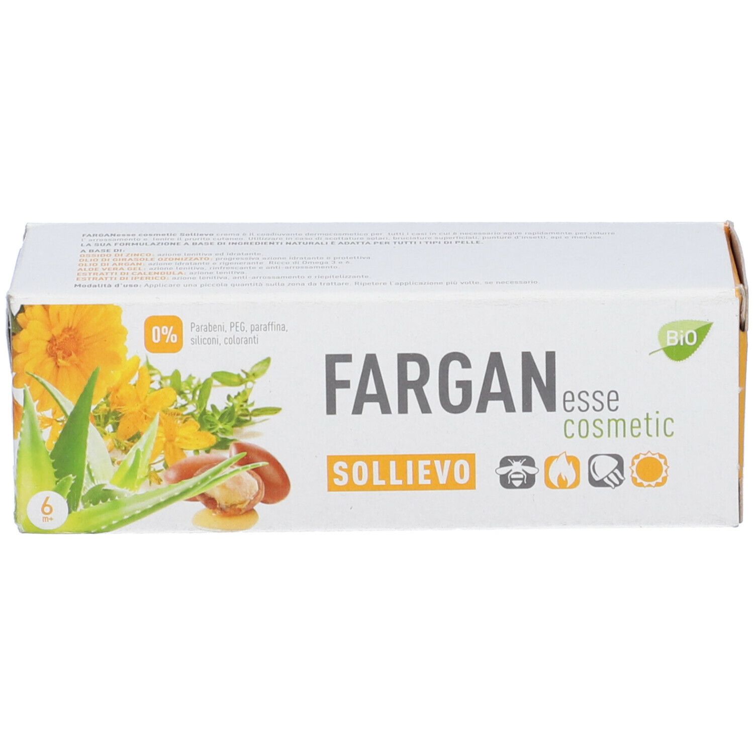 Scatola con scritta: Fargan esse cosmetic, Sollievo. Con illustrazioni di piante, etichetta BIO. Contiene 6 pezzi.