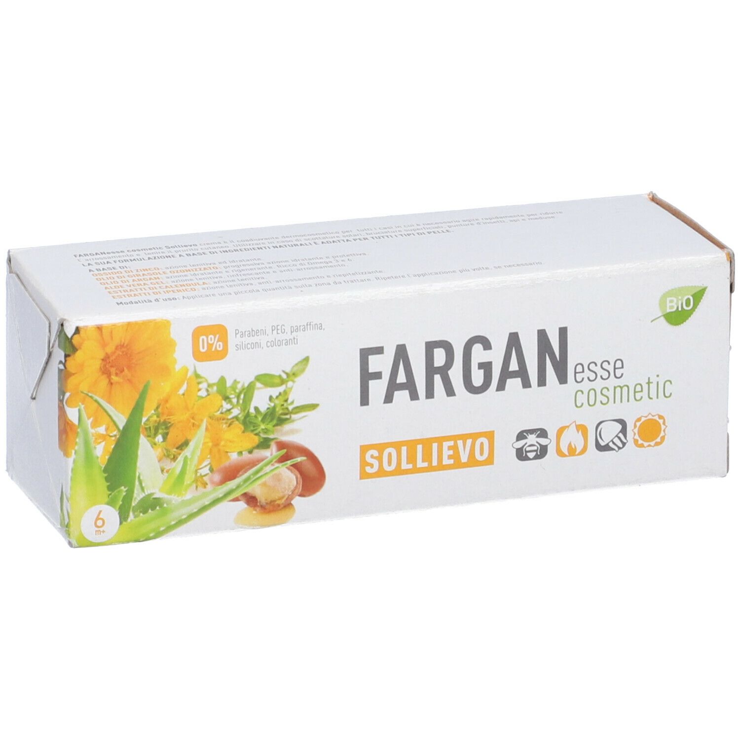 Scatola con scritta: Fargan esse cosmetic, Sollievo. Con illustrazioni di piante, etichetta BIO. Contiene 6 pezzi.