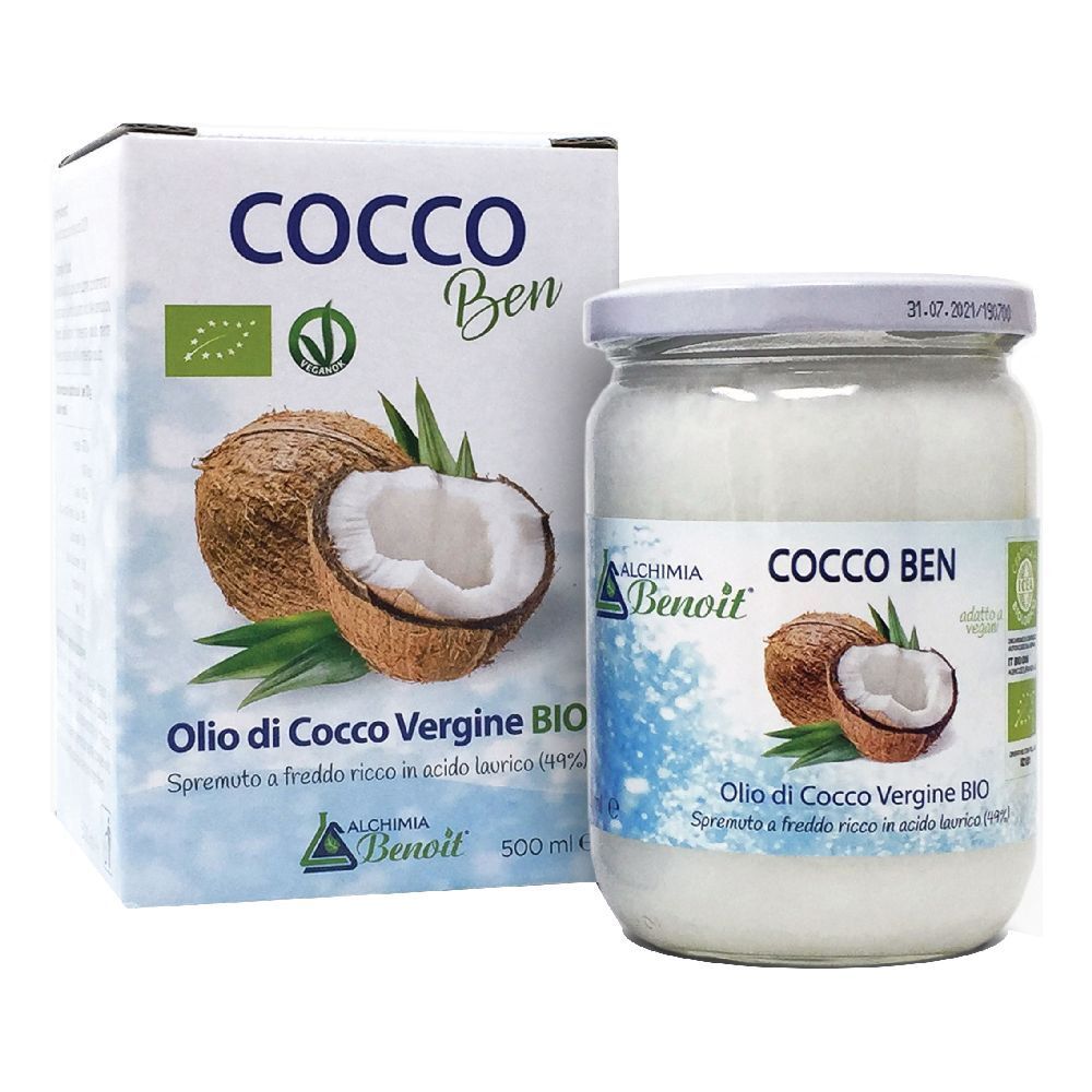Barattolo e scatola di olio di cocco COCCO Ben. Scritta: Olio di Cocco Vergine BIO. Certificazione BIO.