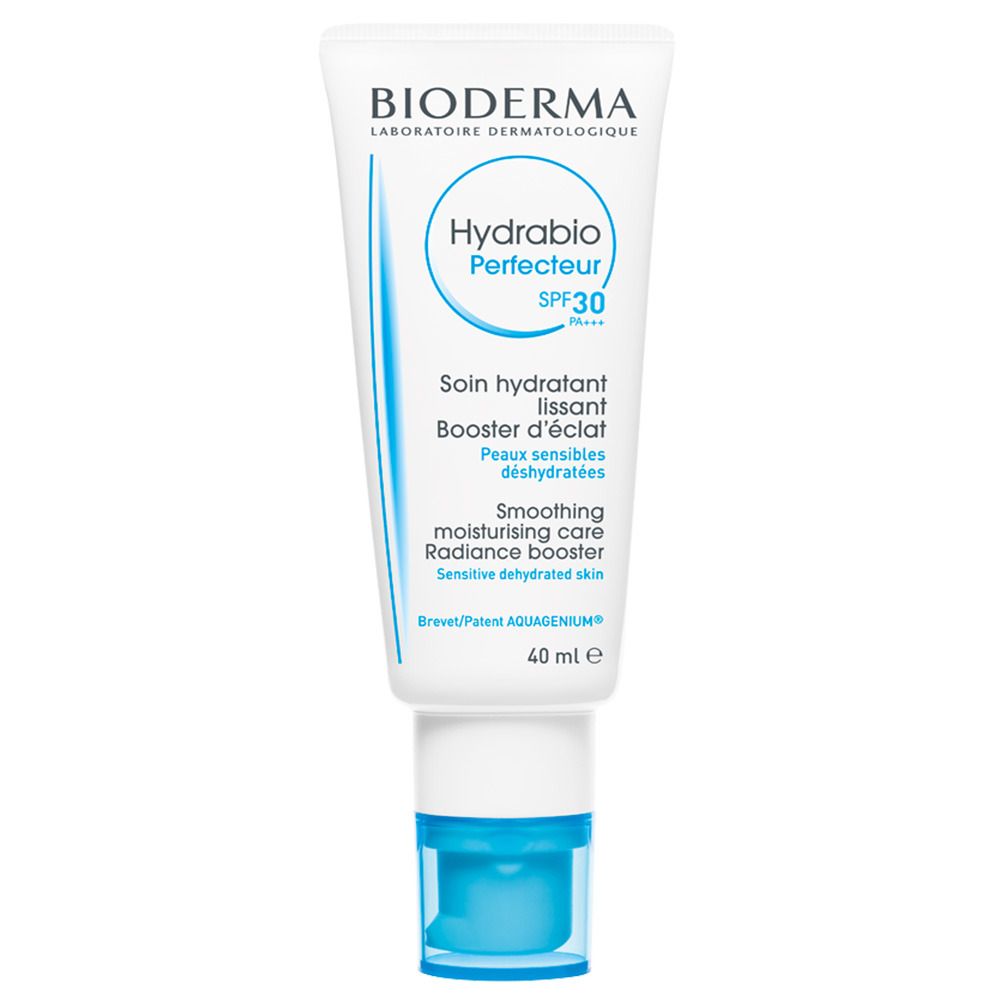 Tubo bianco con tappo blu. Scritta: BIODERMA, Hydrabio Perfecteur SPF30. Per pelli disidratate.