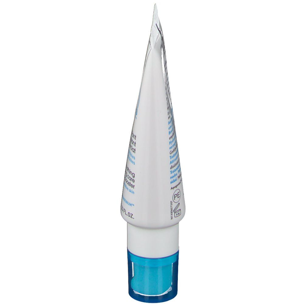 Vista laterale del tubo. Bianco con scritte blu e tappo. Testo in francese e inglese.
