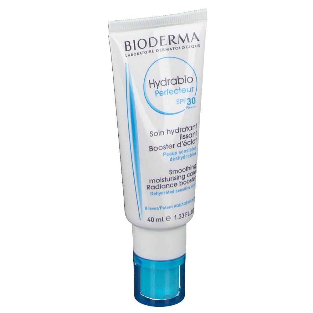 Tubo bianco con tappo blu. Scritta: BIODERMA, Hydrabio Perfecteur SPF30. Per pelli disidratate.
