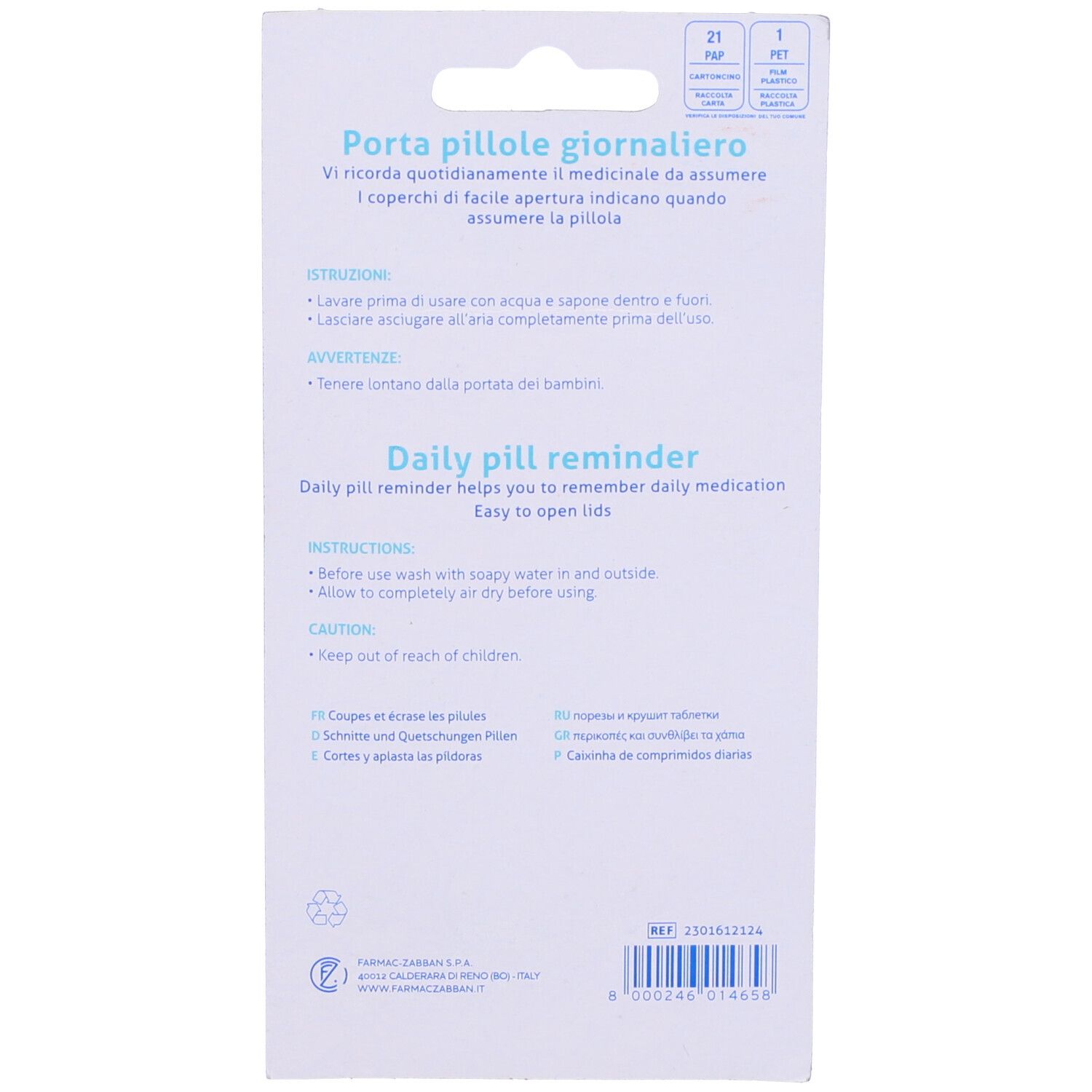 Verpackung eines täglichen Pillen-Erinnerers mit Anweisungen und Warnhinweisen.