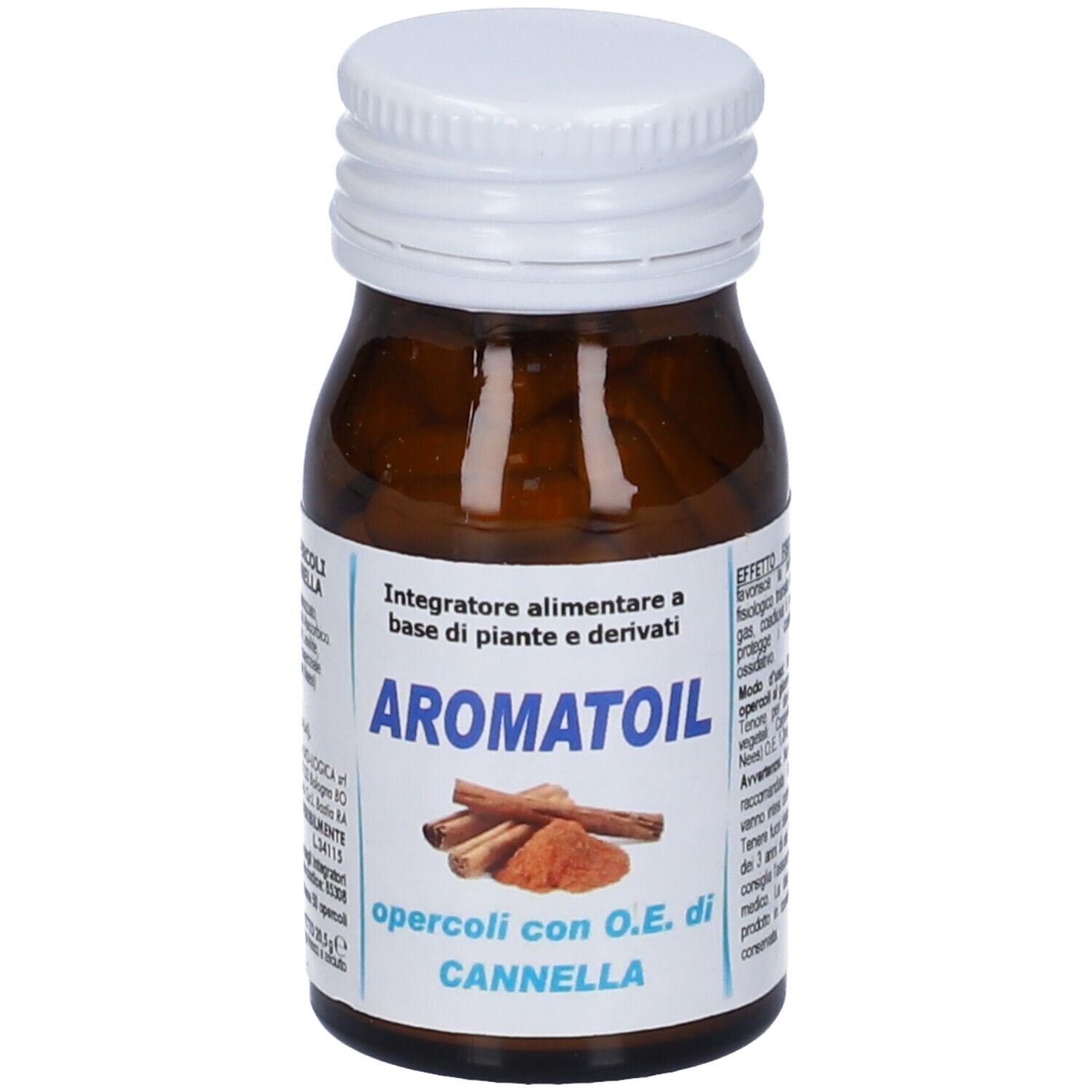 Flacone con "AROMATOIL" e illustrazione di cannella.