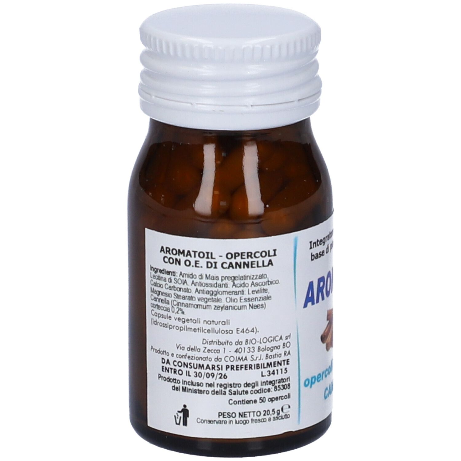 Retro di un flacone con "AROMATOIL" e ingredienti.