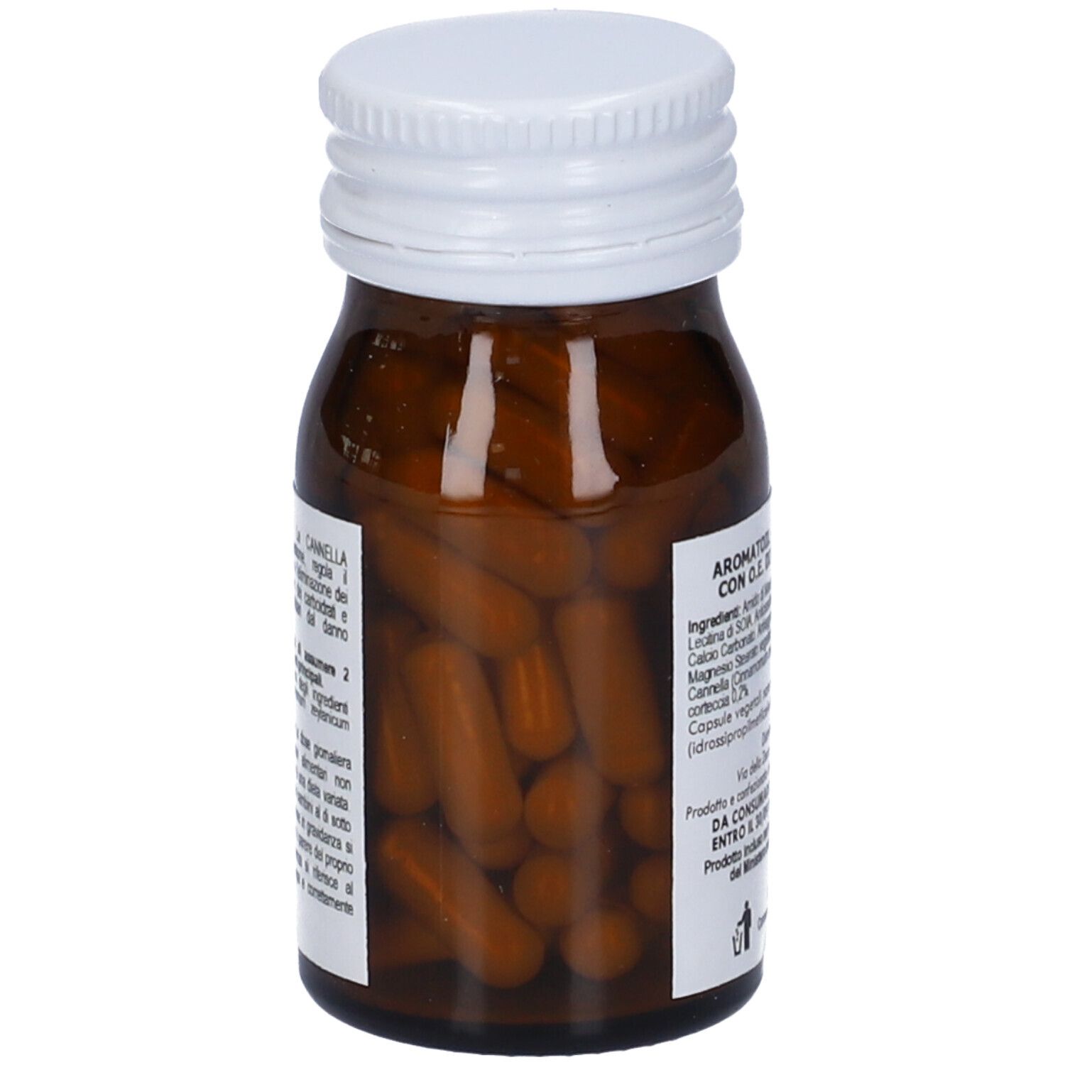 Flacone in vetro ambrato con tappo bianco, contenente capsule marroni. Etichetta con immagine di cannella.