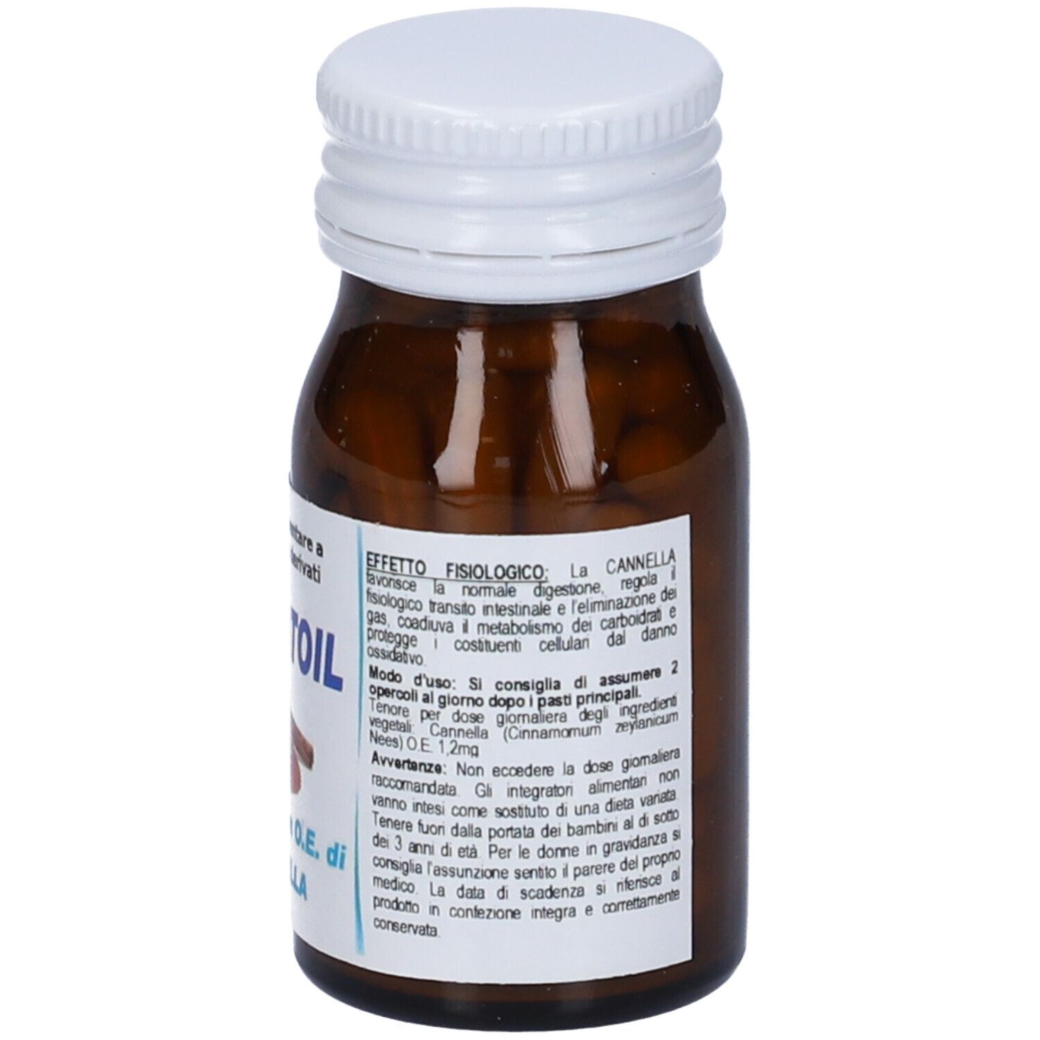 Flacone in vetro ambrato con tappo bianco, contenente capsule marroni. Etichetta con immagine di cannella.