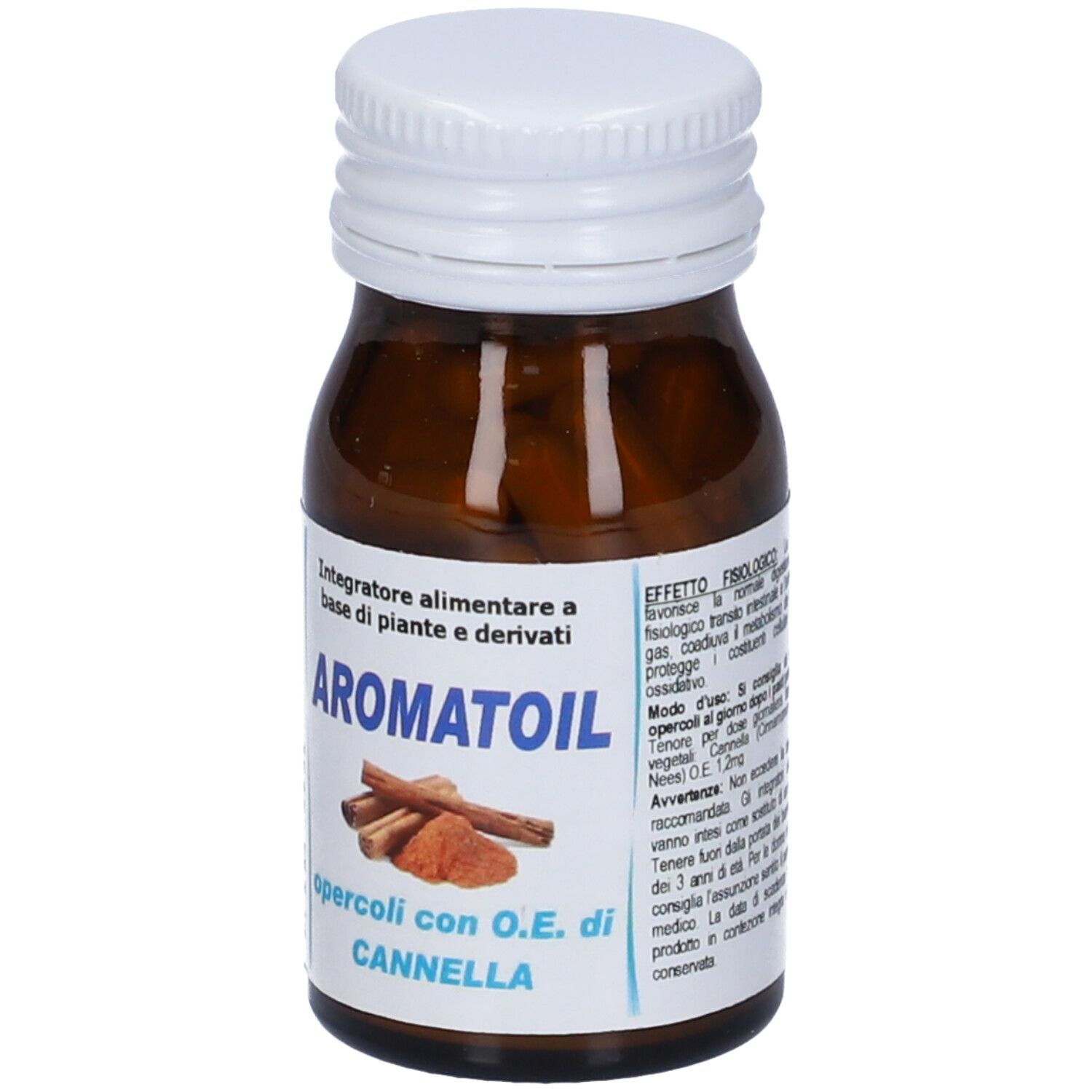 Flacone in vetro ambrato con tappo bianco, contenente capsule marroni. Etichetta con immagine di cannella e testo.