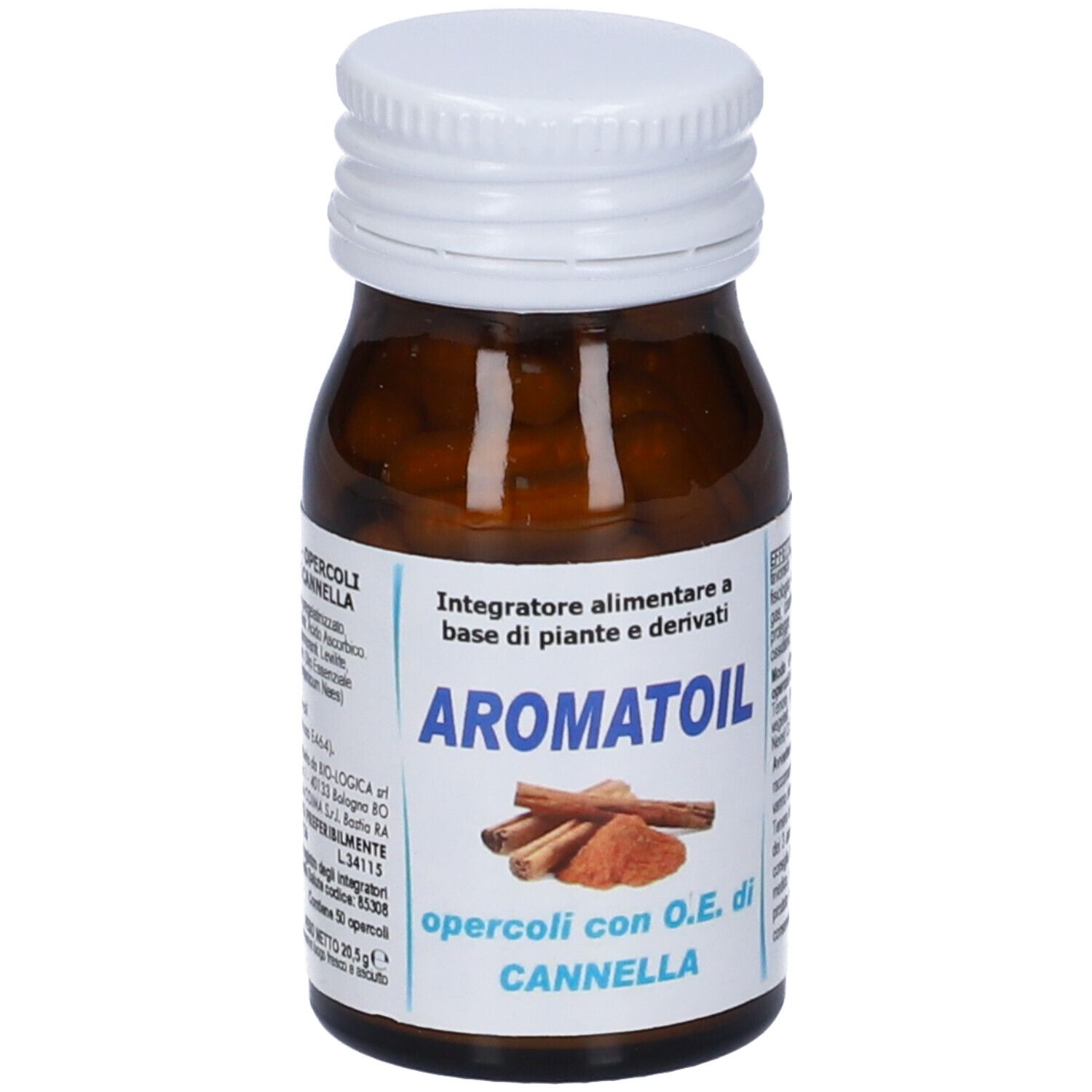 Flacone in vetro ambrato con tappo bianco, contenente capsule marroni. Etichetta con immagine di cannella e testo.