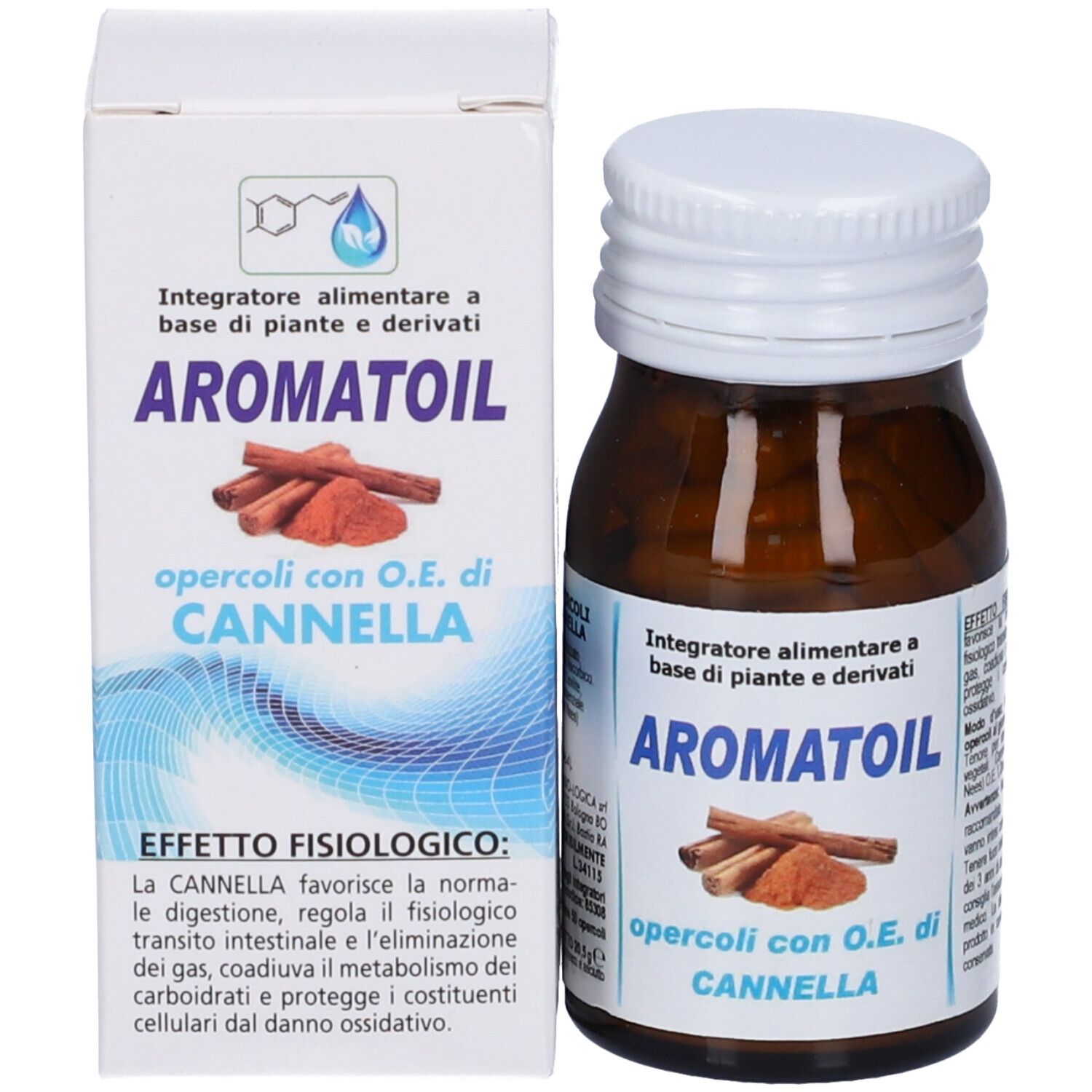 Flacone in vetro ambrato con tappo bianco, contenente capsule marroni. Etichetta con immagine di cannella.