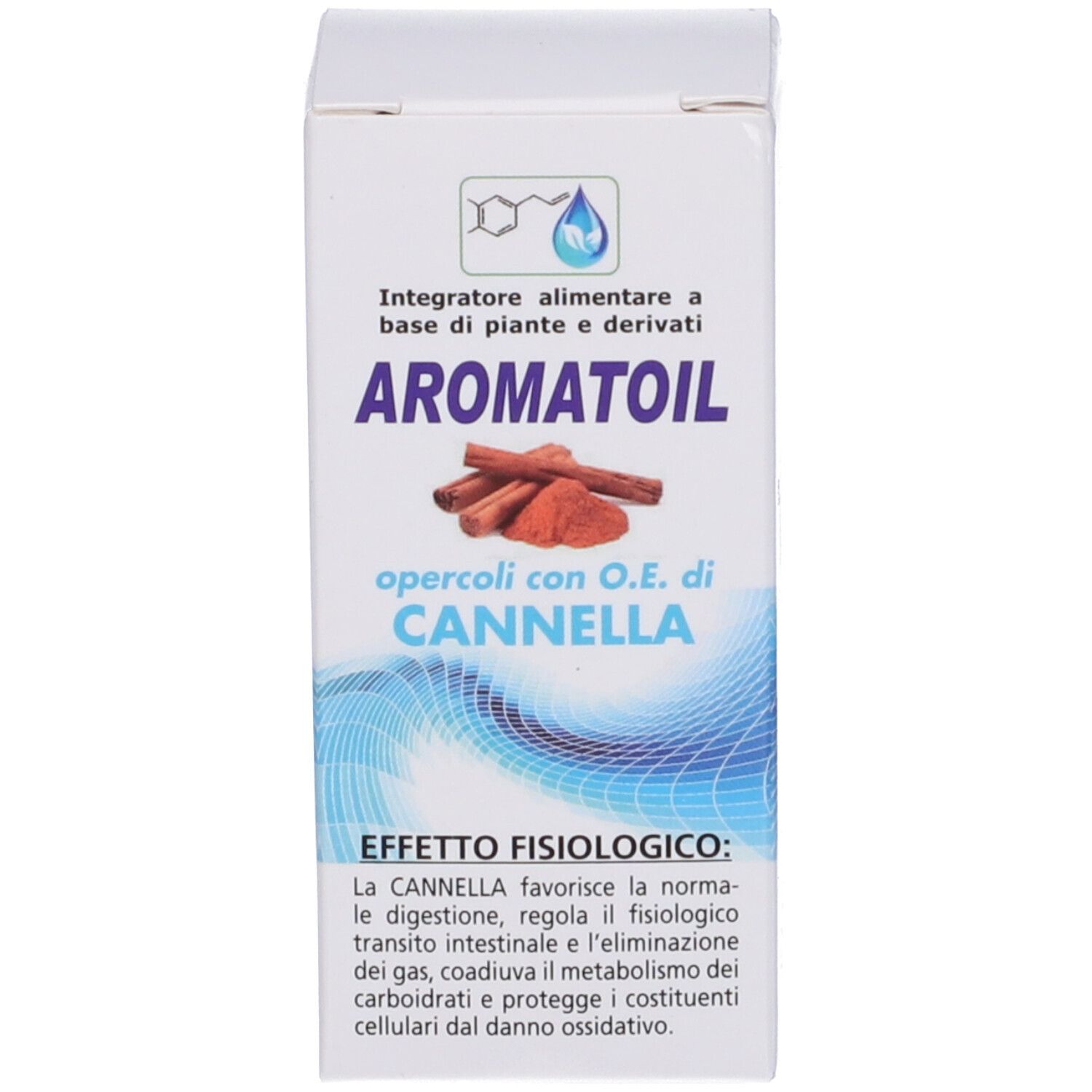 Confezione con flacone in vetro ambrato e scatola di cartone. Entrambi mostrano cannella e informazioni sul prodotto.