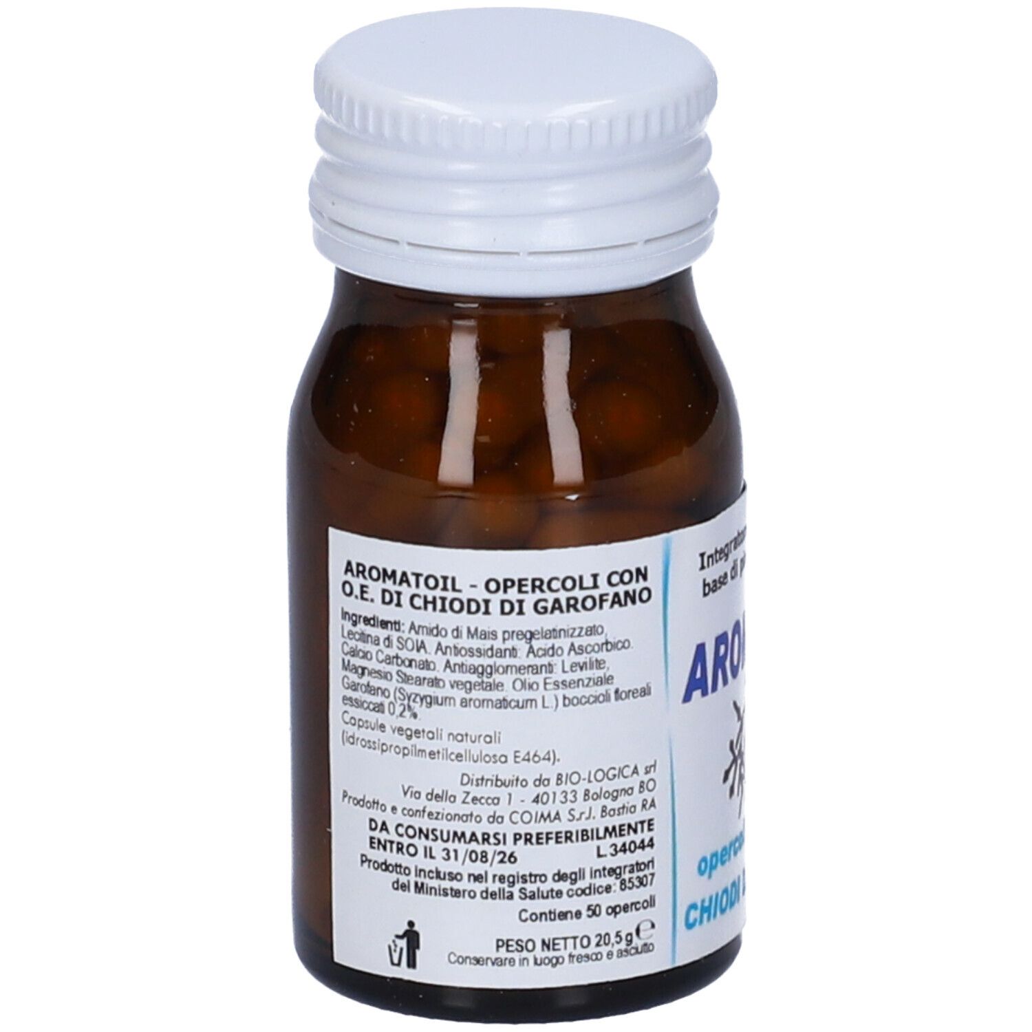 Flacone di vetro marrone con tappo bianco. Etichetta con ingredienti e informazioni sul prodotto. Capsule visibili.