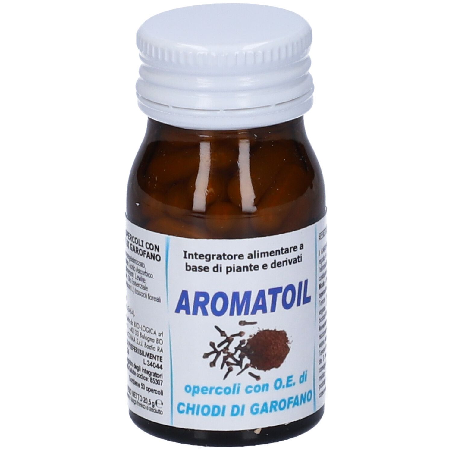 Flacone di vetro marrone con tappo bianco. Etichetta con nome del prodotto e chiodi di garofano. Capsule visibili.