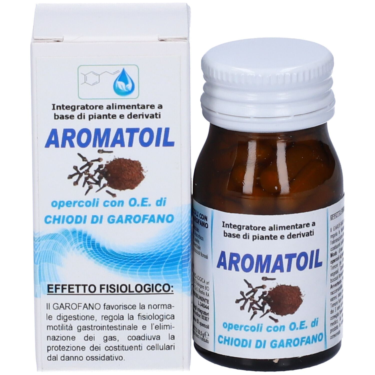 Flacone di vetro marrone con tappo bianco e scatola. Scatola con nome del prodotto e chiodi di garofano.
