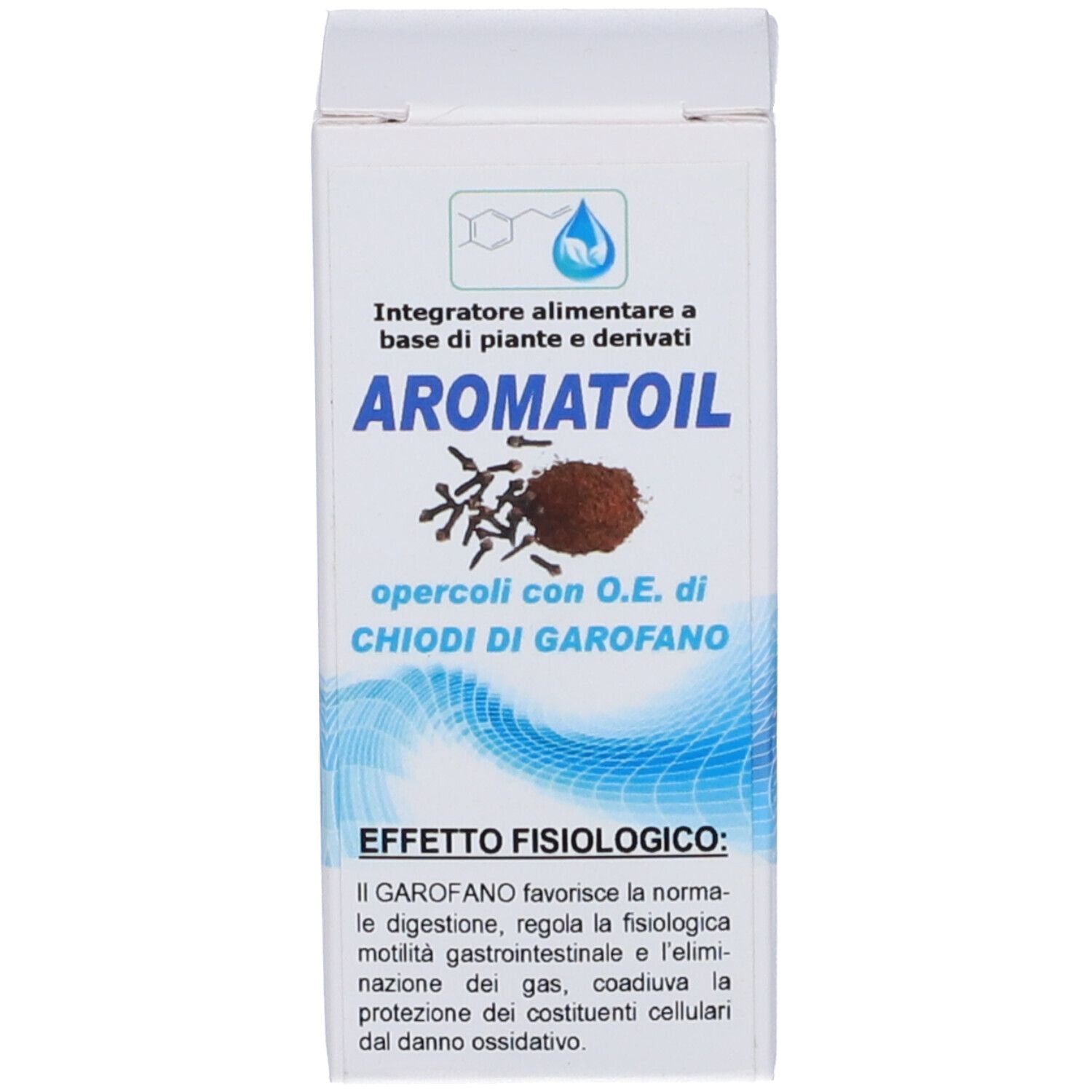 Scatola con nome del prodotto e chiodi di garofano. Sfondo blu con elementi bianchi.