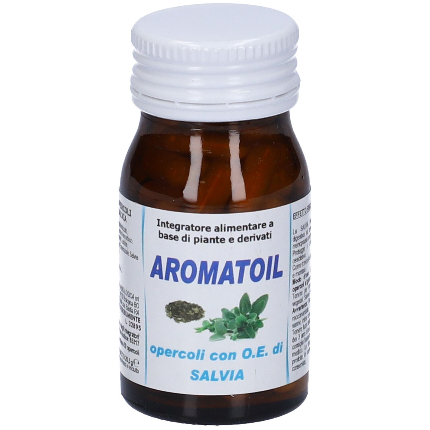 Braune Glasflasche mit weißem Deckel. Aufkleber mit Produktnamen Aromatoil Salvia und Abbildung von Salbei. Kapseln.