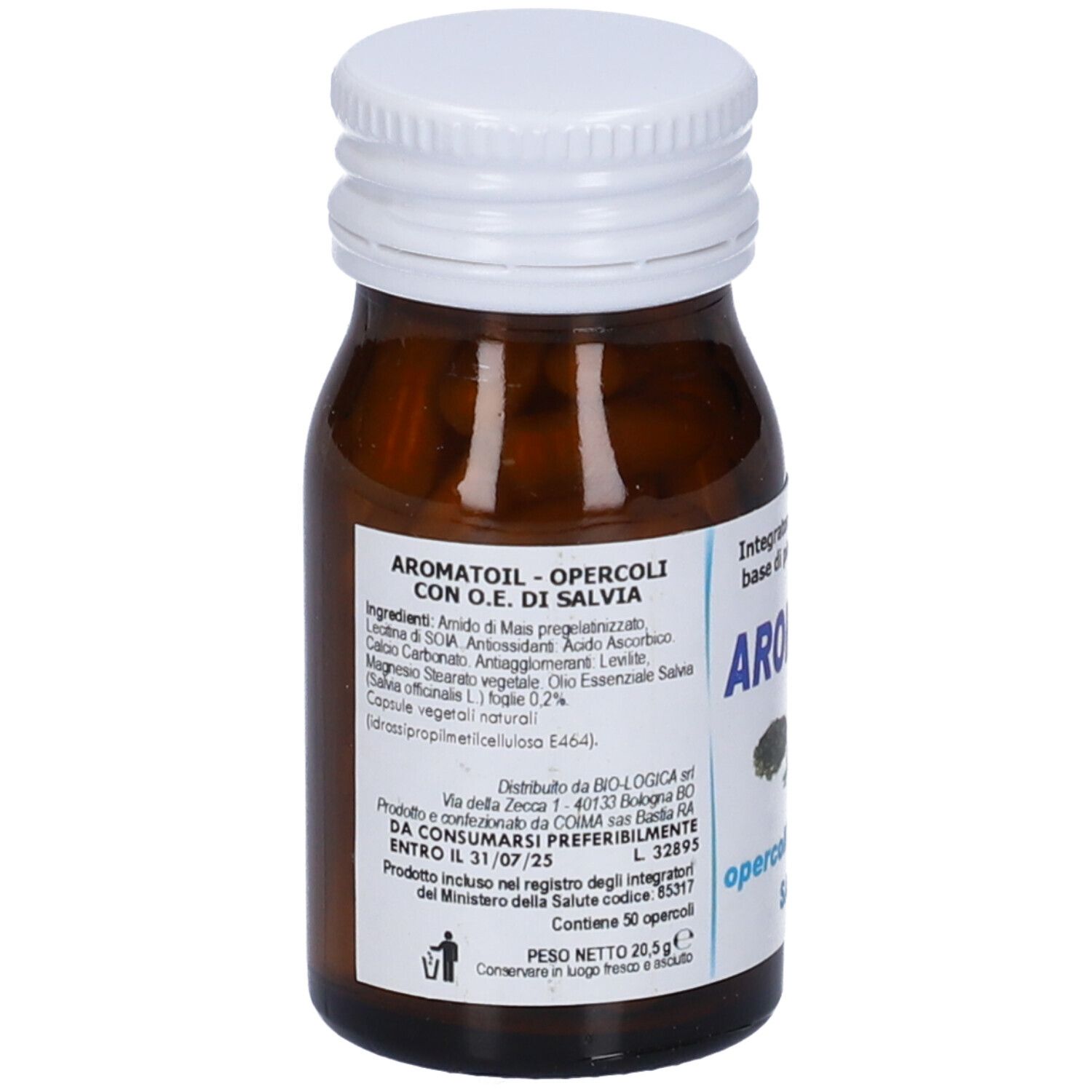 Braune Glasflasche mit weißem Deckel. Aufkleber mit Zutatenliste und Produktinformationen. Aromatoil Salvia.