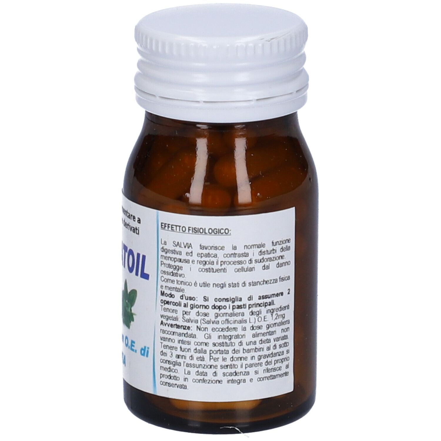 Braune Glasflasche mit weißem Deckel. Aufkleber mit Produktinformationen und Gebrauchsanweisung. Aromatoil Salvia.