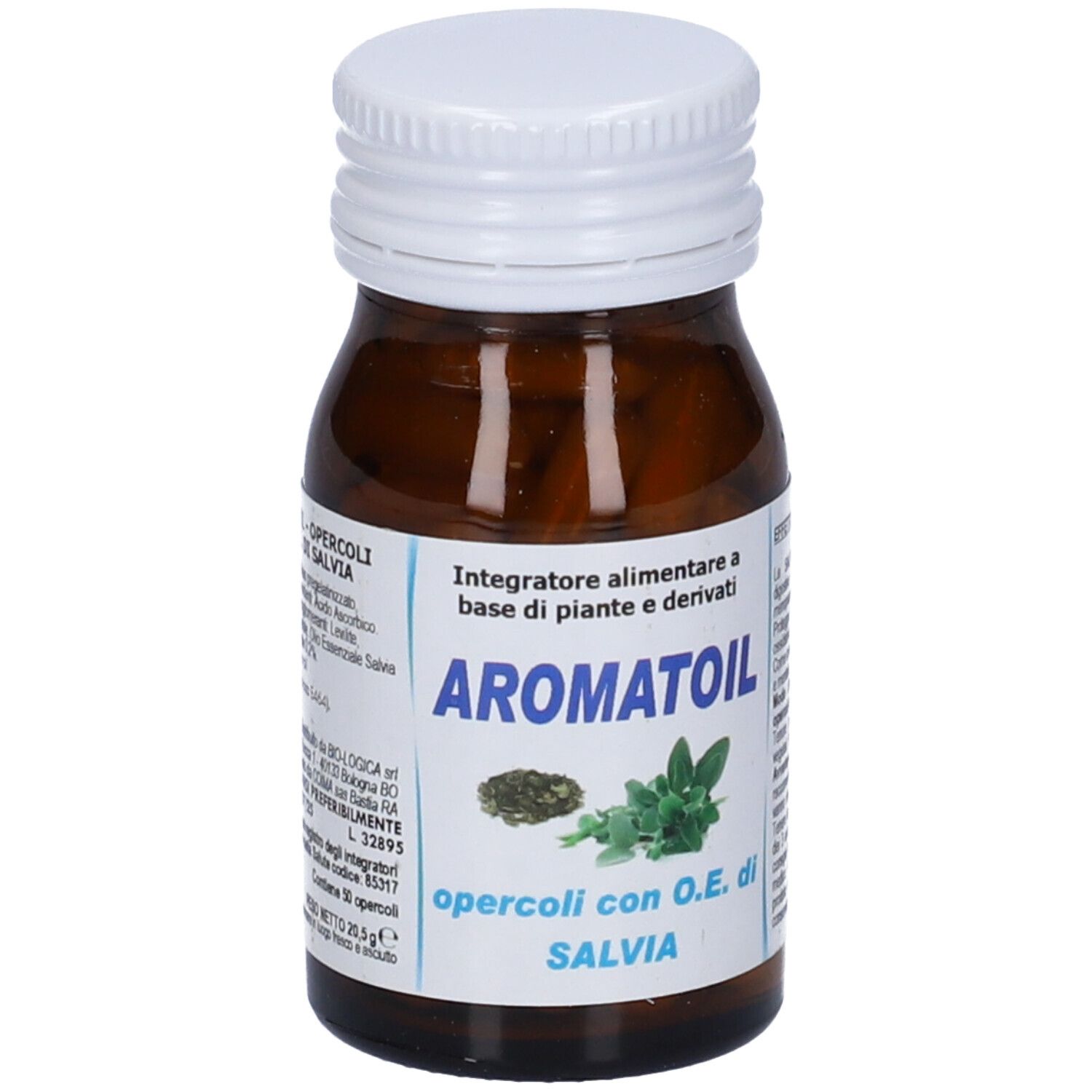 Braune Glasflasche mit weißem Deckel. Aufkleber mit Produktnamen Aromatoil Salvia und Abbildung von Salbei. Kapseln.