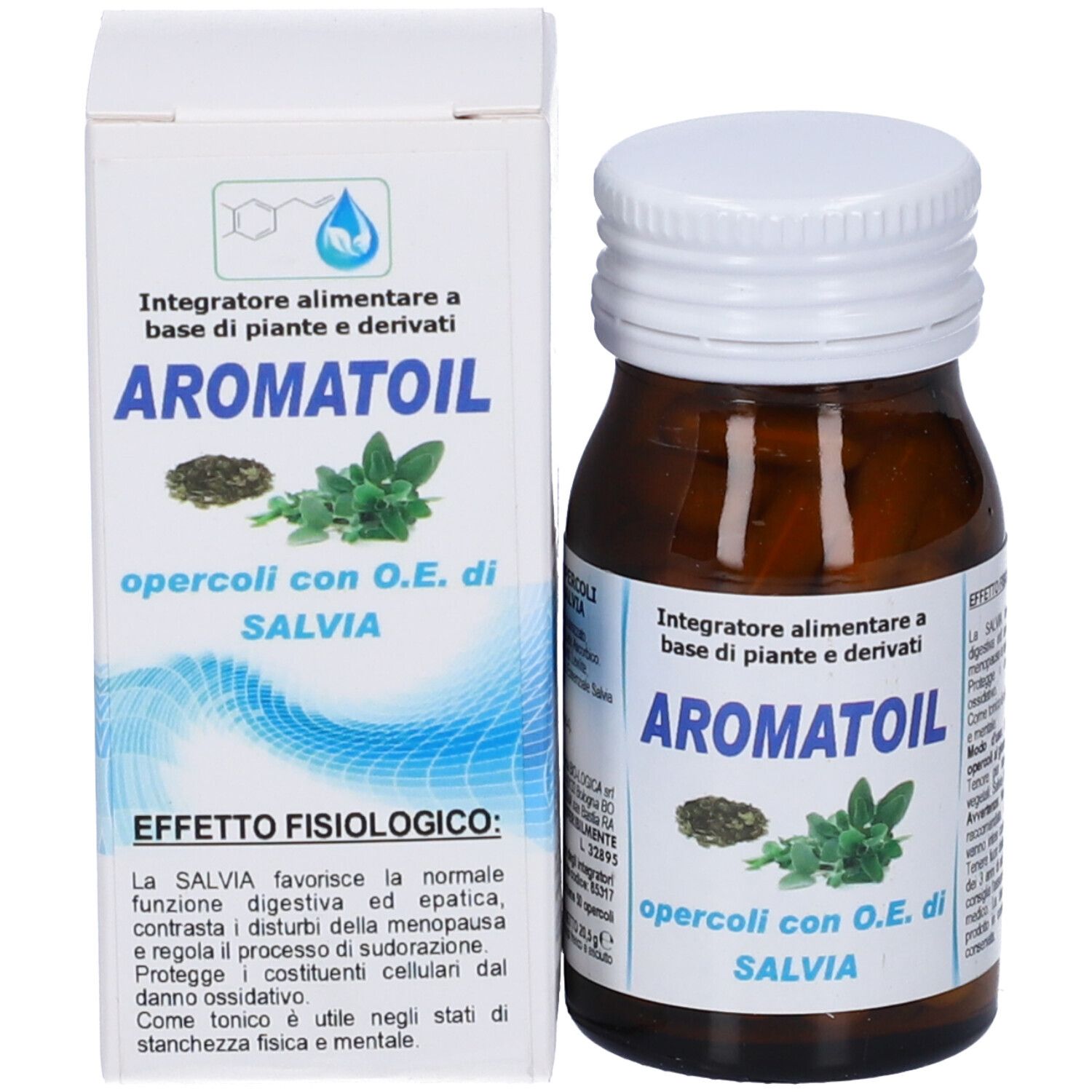 Produktflasche und Schachtel. Auf der Schachtel und Flasche steht Aromatoil Salvia. Abbildung von Salbei.