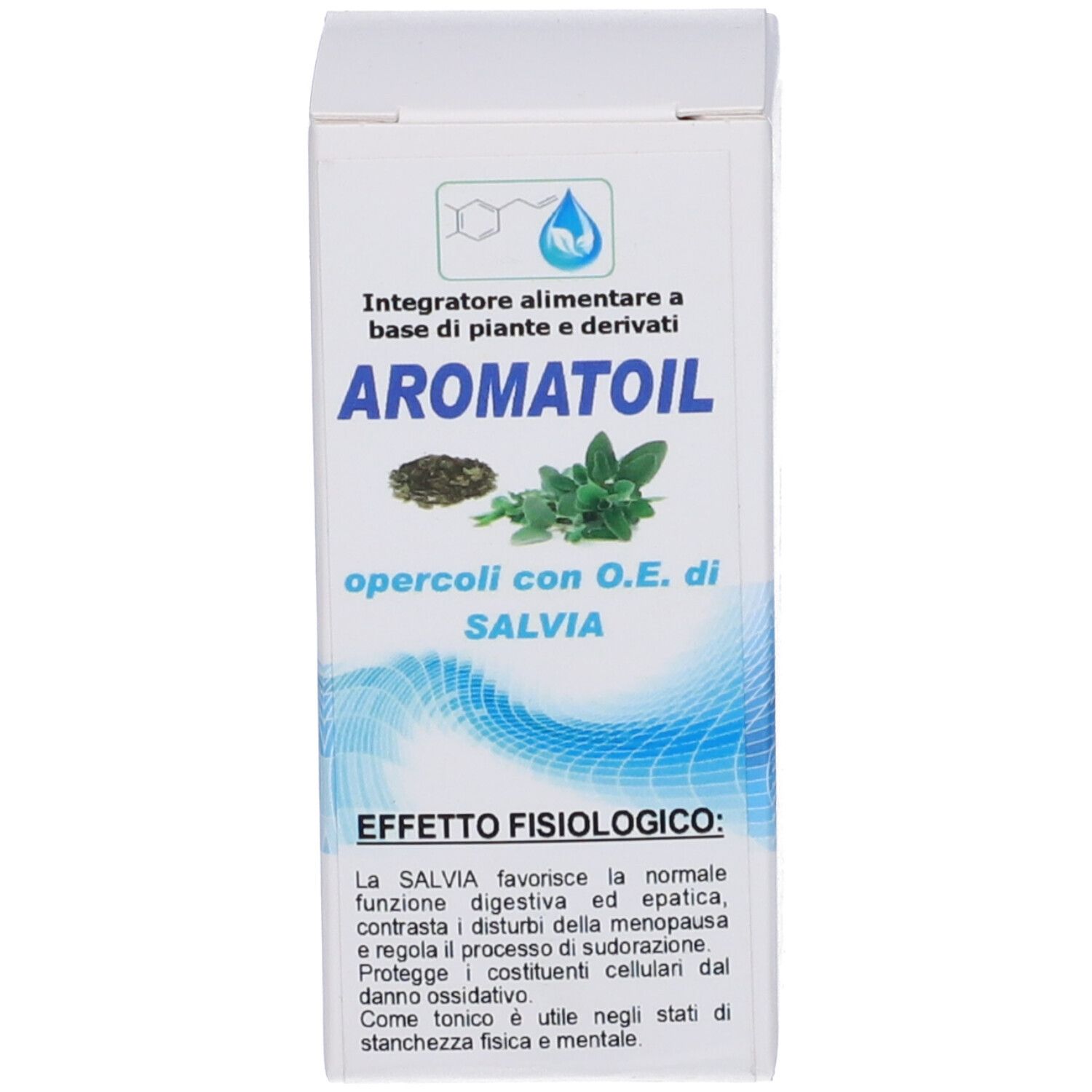 Weiße Schachtel mit Produktinformationen. Auf der Schachtel steht Aromatoil Salvia. Abbildung von Salbei.