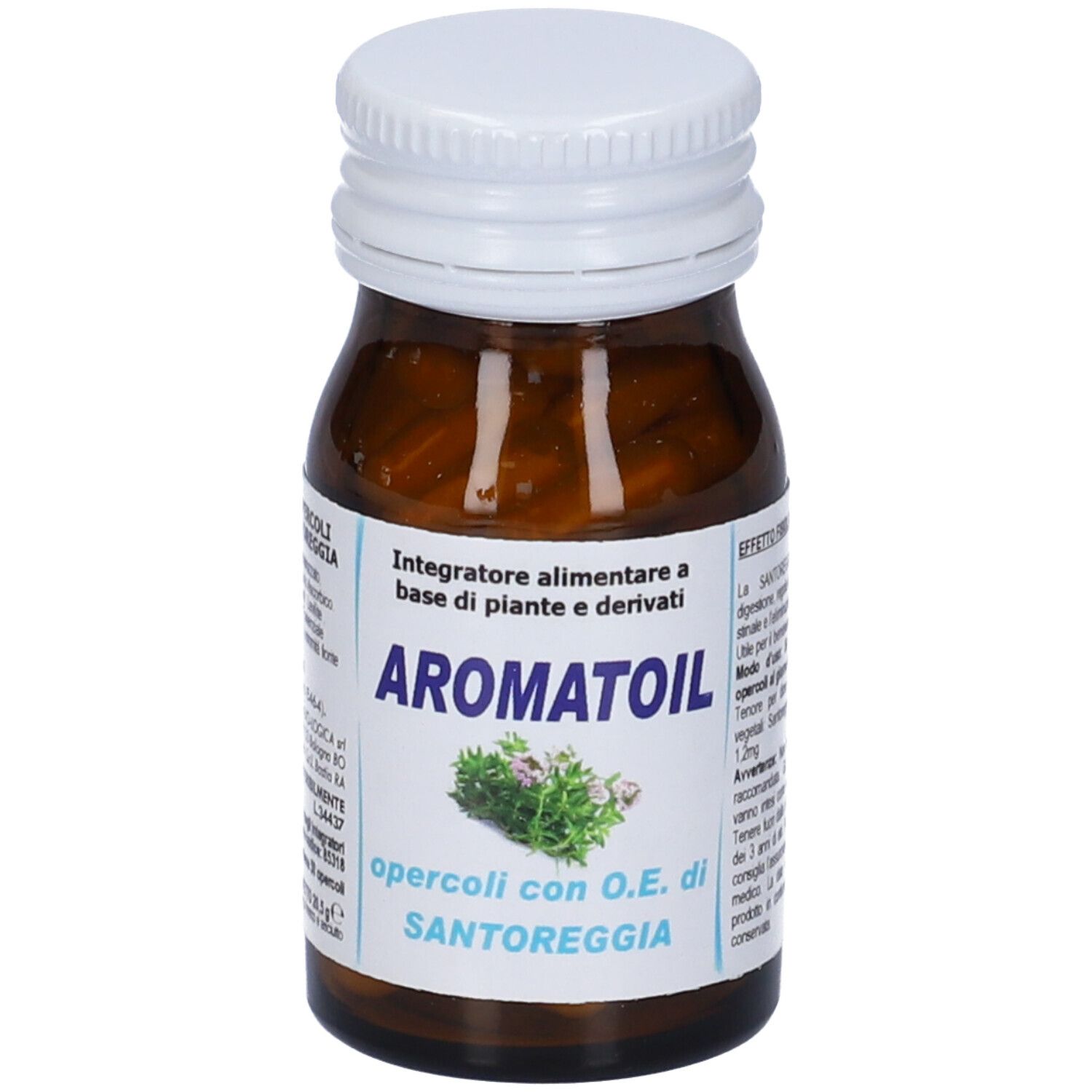 Braune Glasflasche mit weißem Deckel. Aufschrift: Aromatoil, opercoli con O.E. di Santoreggia. Etikett mit Produktinformationen.