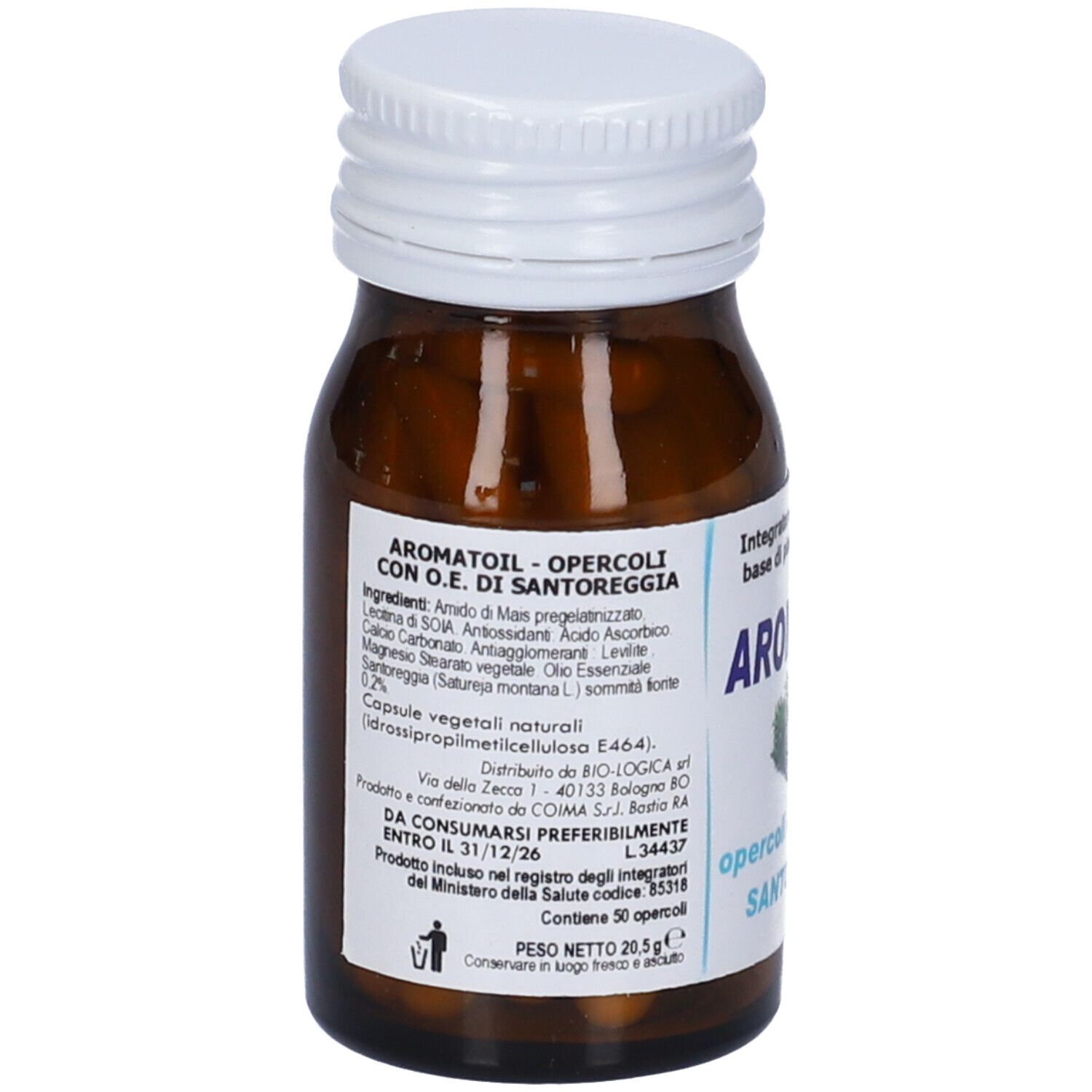 Braune Glasflasche mit weißem Deckel. Rückseite mit Etikett. Aufschrift: Aromatoil, opercoli con O.E. di Santoreggia. Zutatenliste und weitere Informationen.