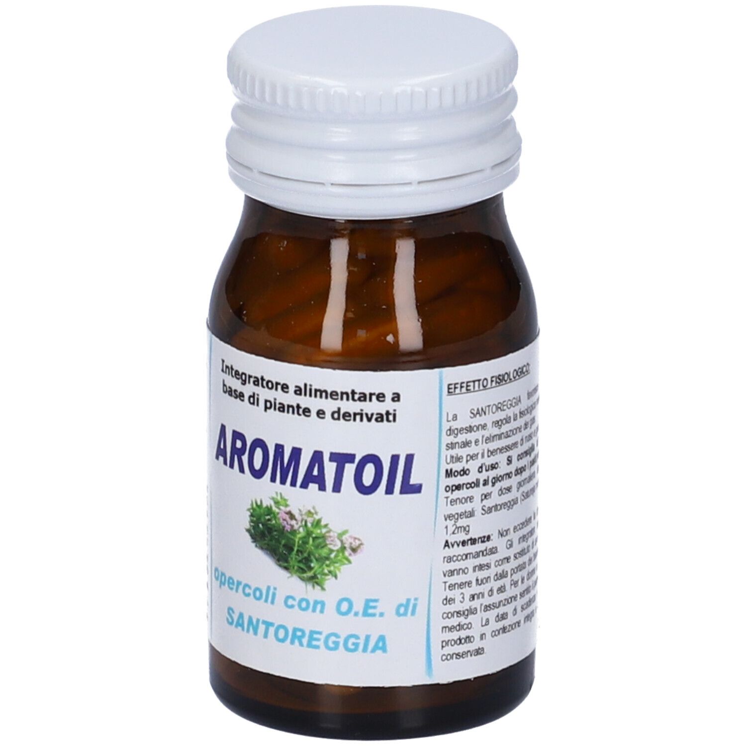 Braune Glasflasche mit weißem Deckel. Aufschrift: Aromatoil, opercoli con O.E. di Santoreggia. Etikett mit Produktinformationen.