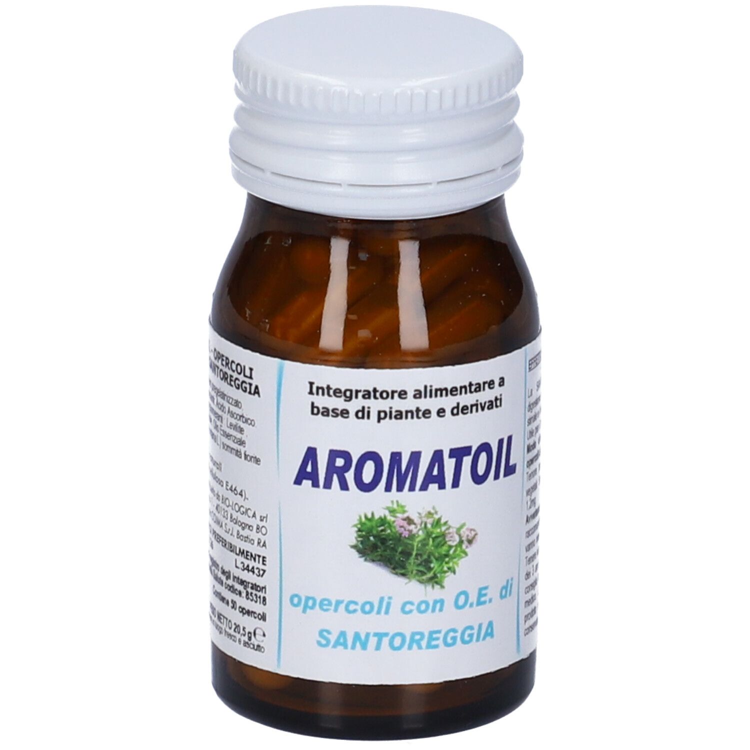Braune Glasflasche mit weißem Deckel. Aufschrift: Aromatoil, opercoli con O.E. di Santoreggia. Etikett mit Produktinformationen.