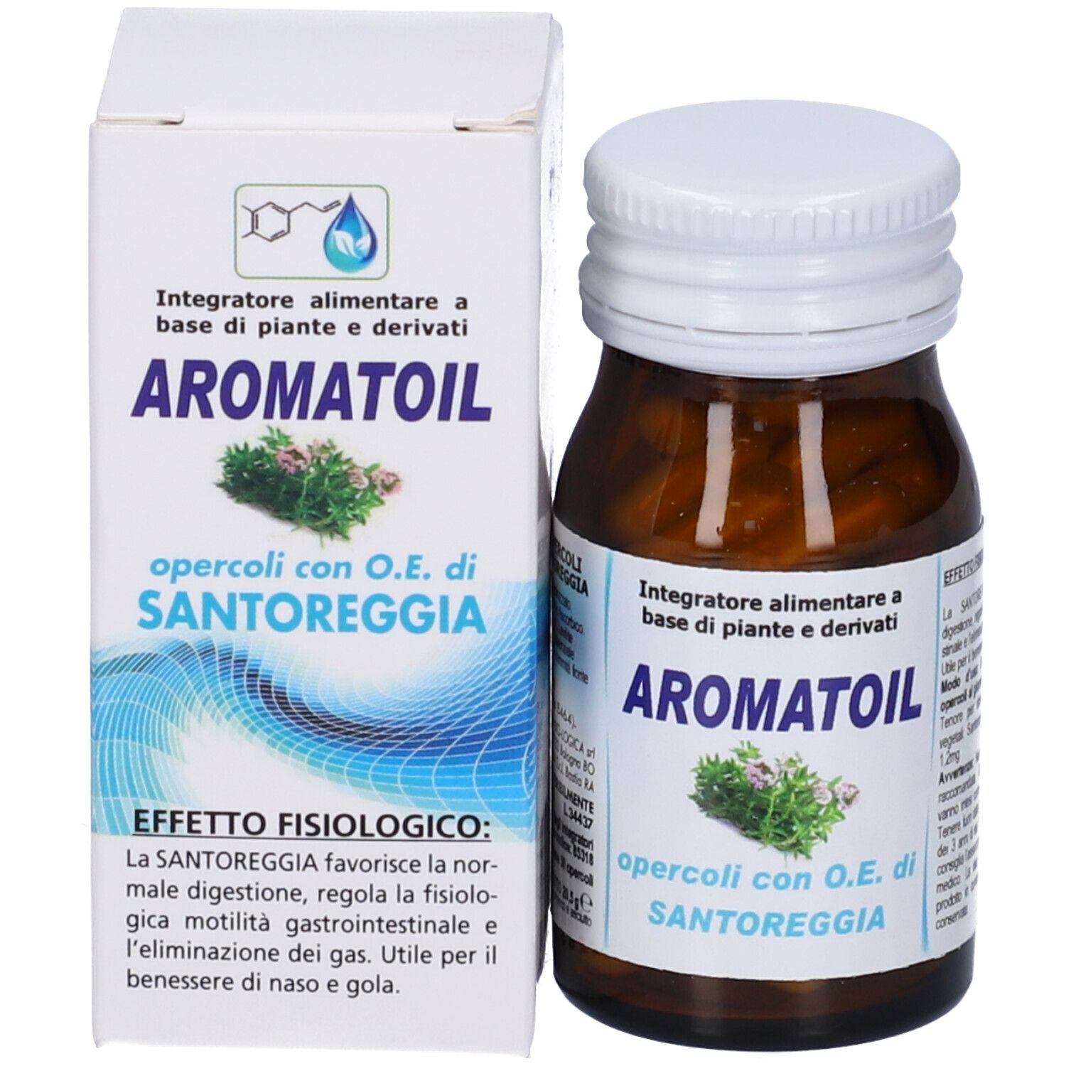 Produktverpackung und Flasche. Weiße Schachtel und braune Glasflasche mit weißem Deckel. Aufschrift: Aromatoil, opercoli con O.E. di Santoreggia.