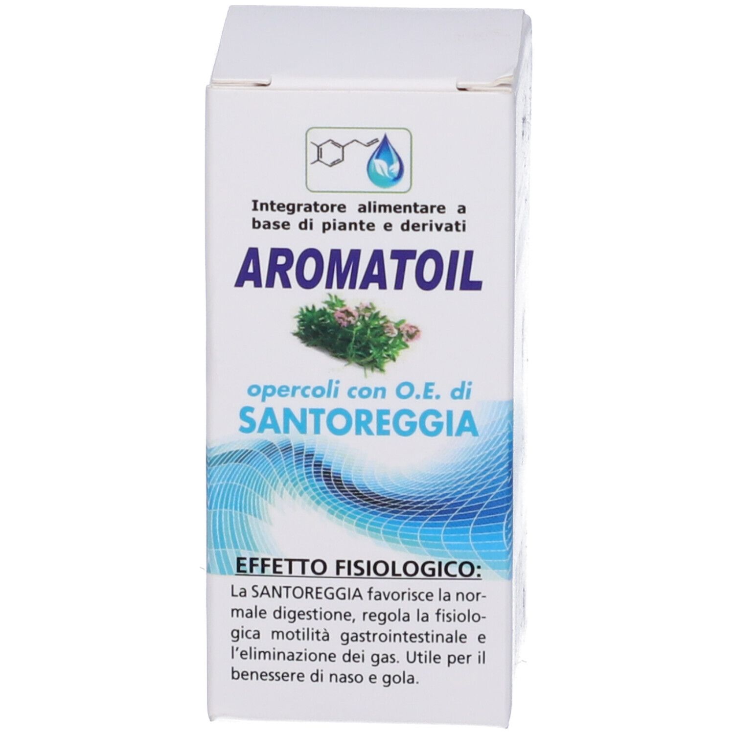 Weiße Produktverpackung. Aufschrift: Aromatoil, opercoli con O.E. di Santoreggia. Abbildung von Kräutern.