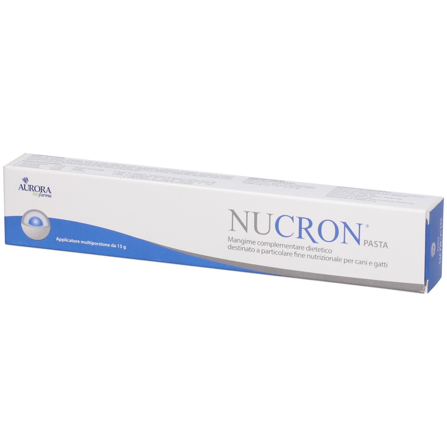 Verpackung von Nucron Pasta, 15g, mit Applikator. Aurora Pharma Logo.