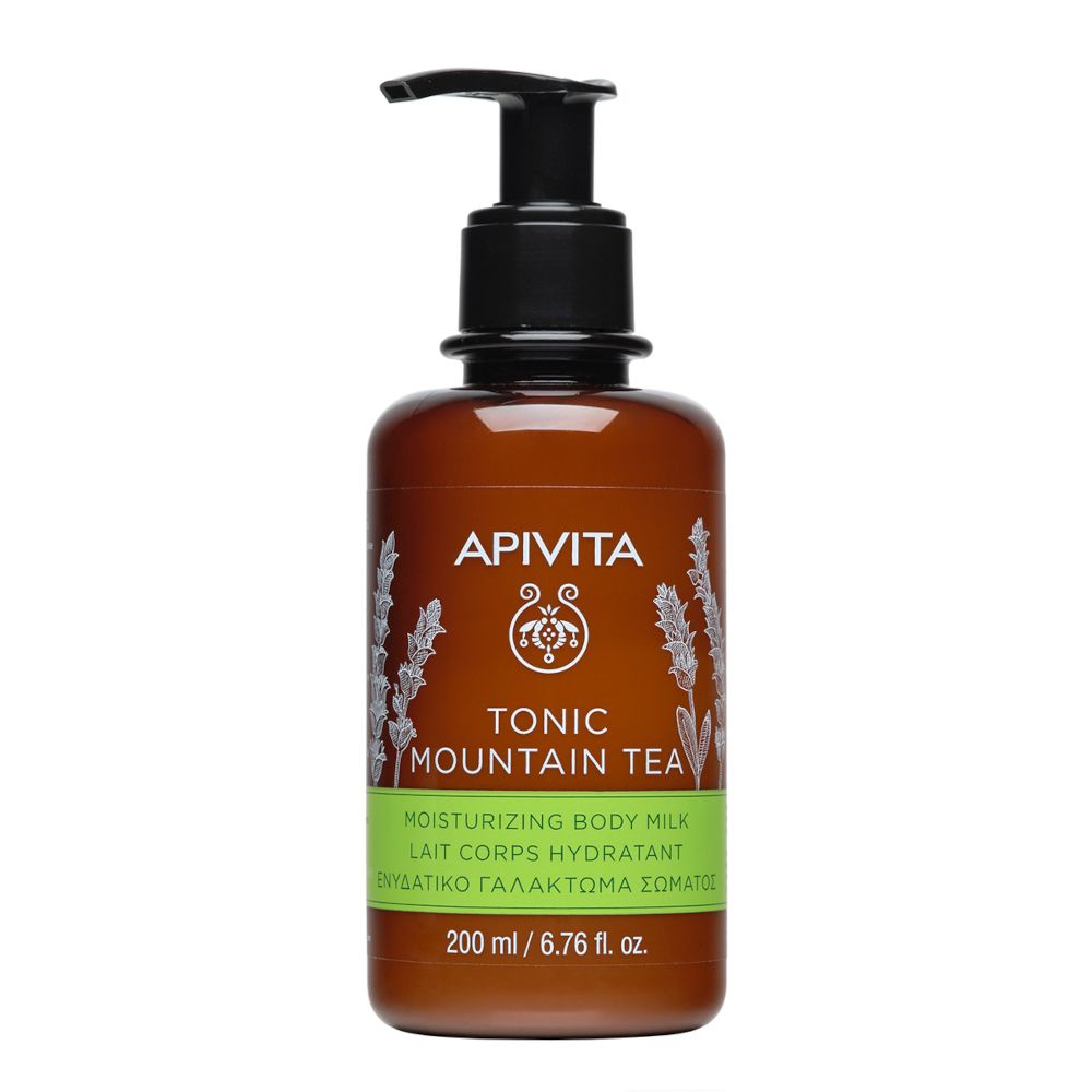 Braune Flasche mit schwarzem Pumpkopf. Aufschrift: APIVITA, TONIC MOUNTAIN TEA, Lait Corps Hydratant. 200 ml.
