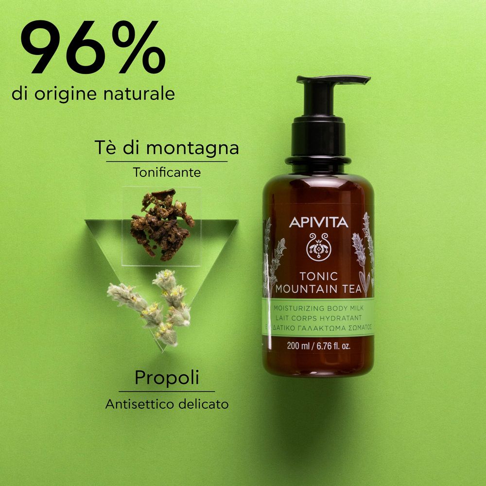 Braune Flasche mit schwarzem Pumpkopf. Aufschrift: APIVITA, TONIC MOUNTAIN TEA. 96% di origine naturale. Kräuter.