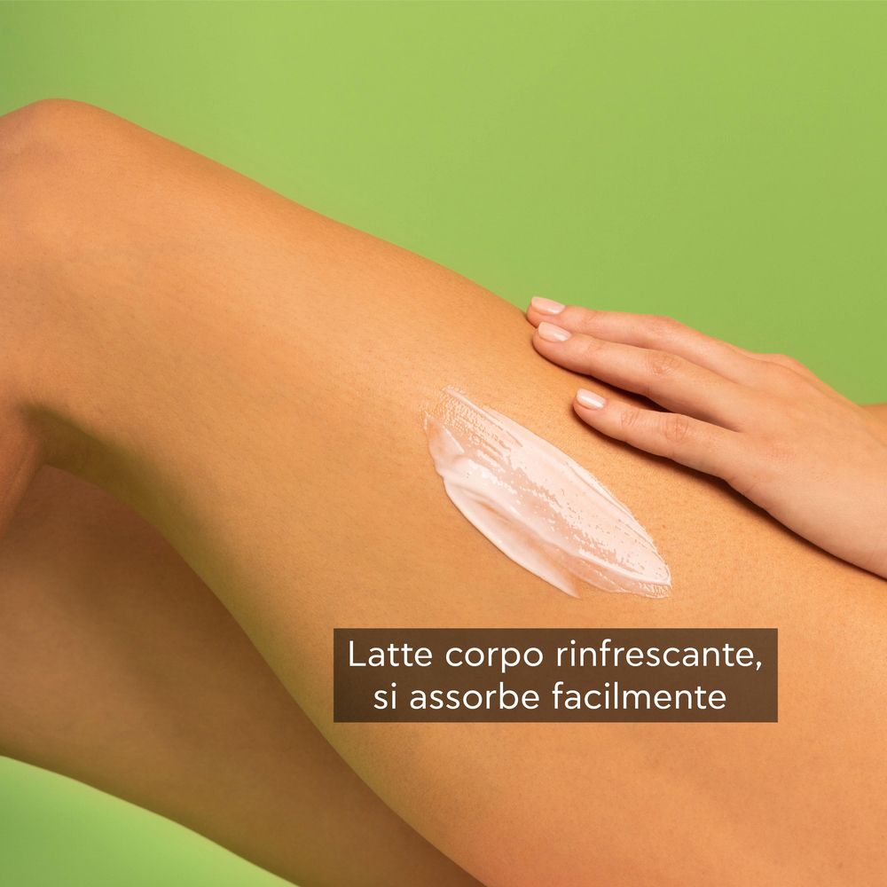 Hand mit Creme auf Bein. Text: Lait corpo rinfrescante, si assorbe facilmente.